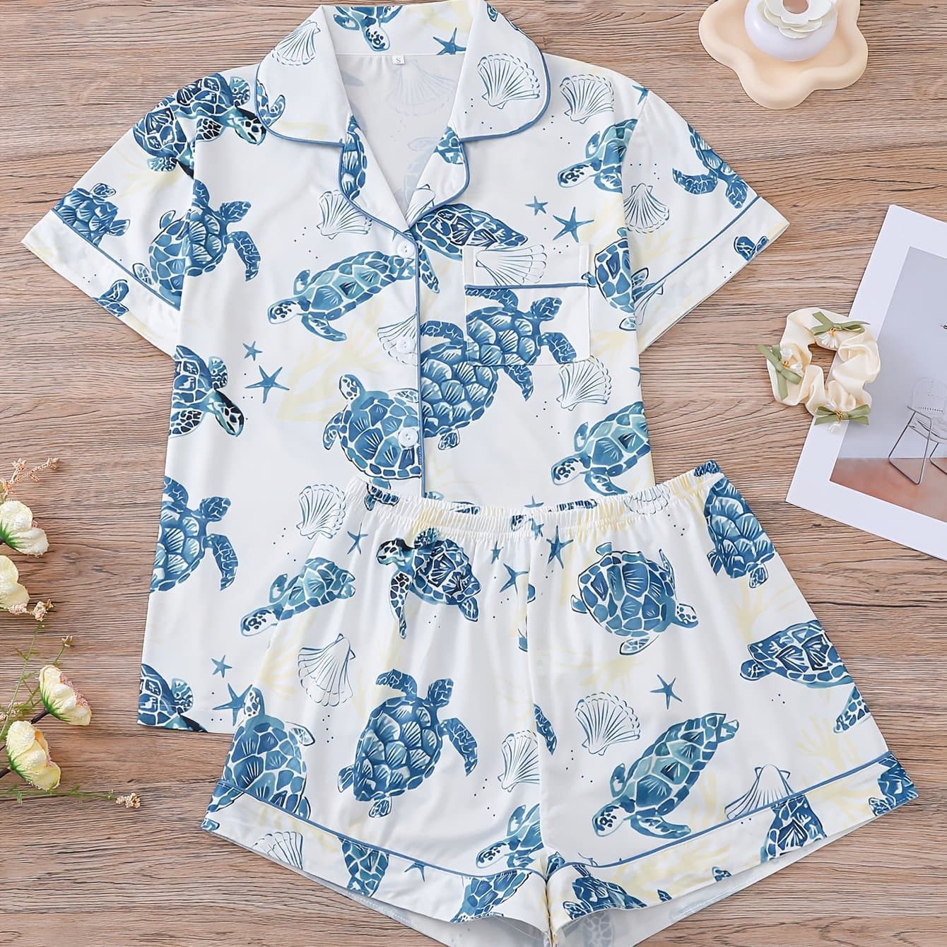 TEMU Two-piece Print Pajama Set, Featuring A Short-sleeve Open-front Top And Loose Elastic Shorts, Casual Four-season Women's Sleepwear And Loungewear Ensemble