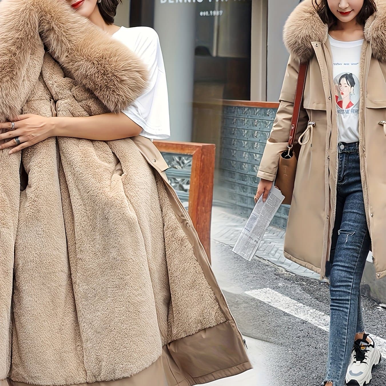 TEMU New Winter Mid-length -lined For Women With Detachable Collar