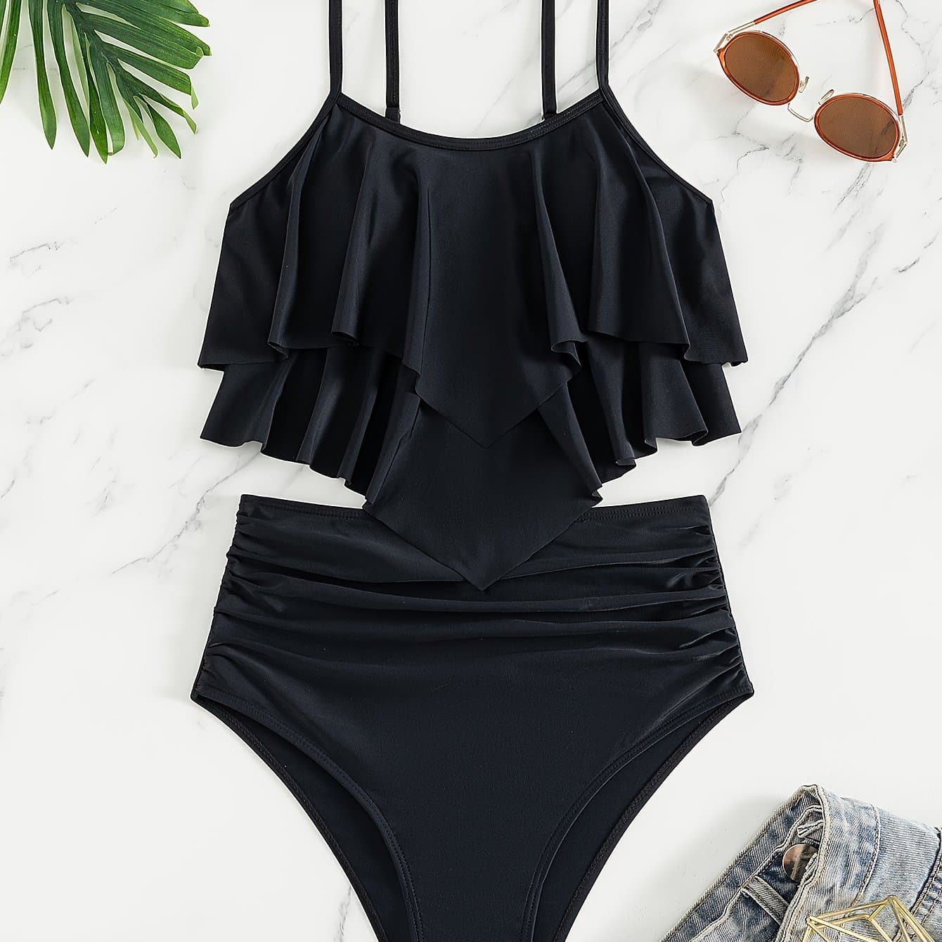 TEMU New Women' Color Stylish Swimsuit With Unique Pleated Back Tankini Set
