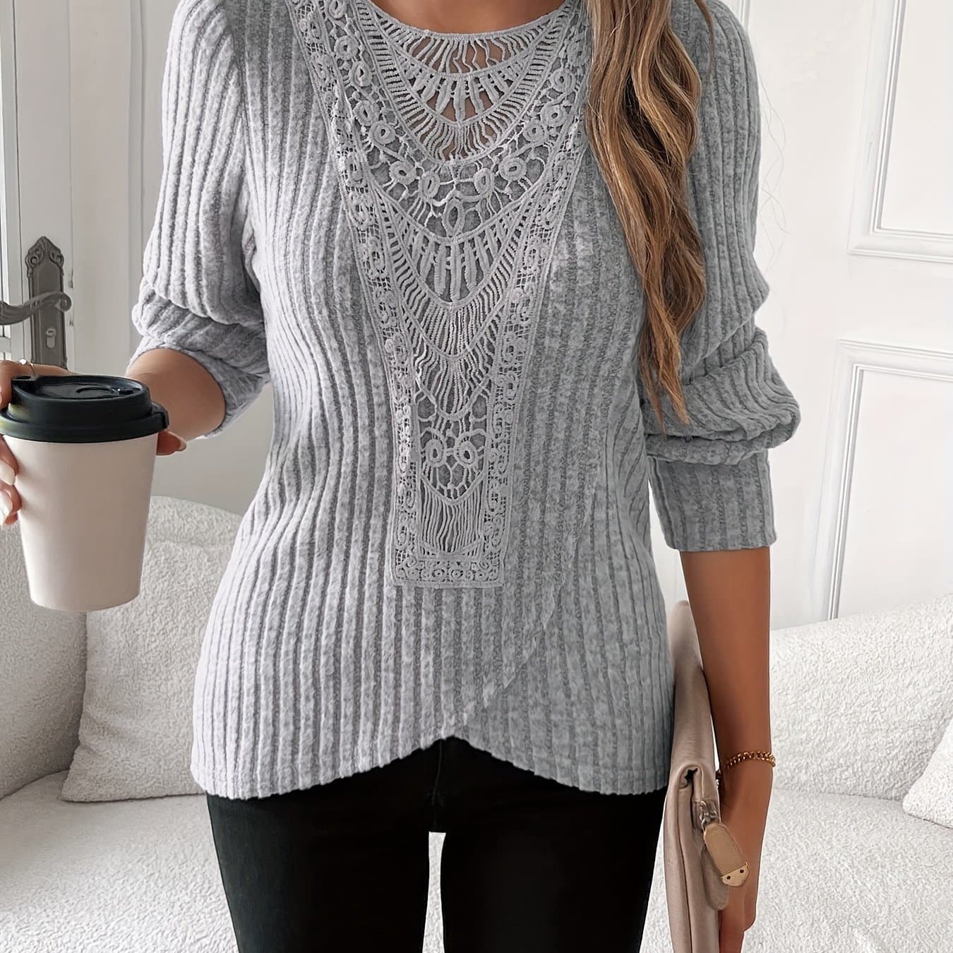 TEMU Lace Trimmed Round Neck Long Sleeve T-shirt