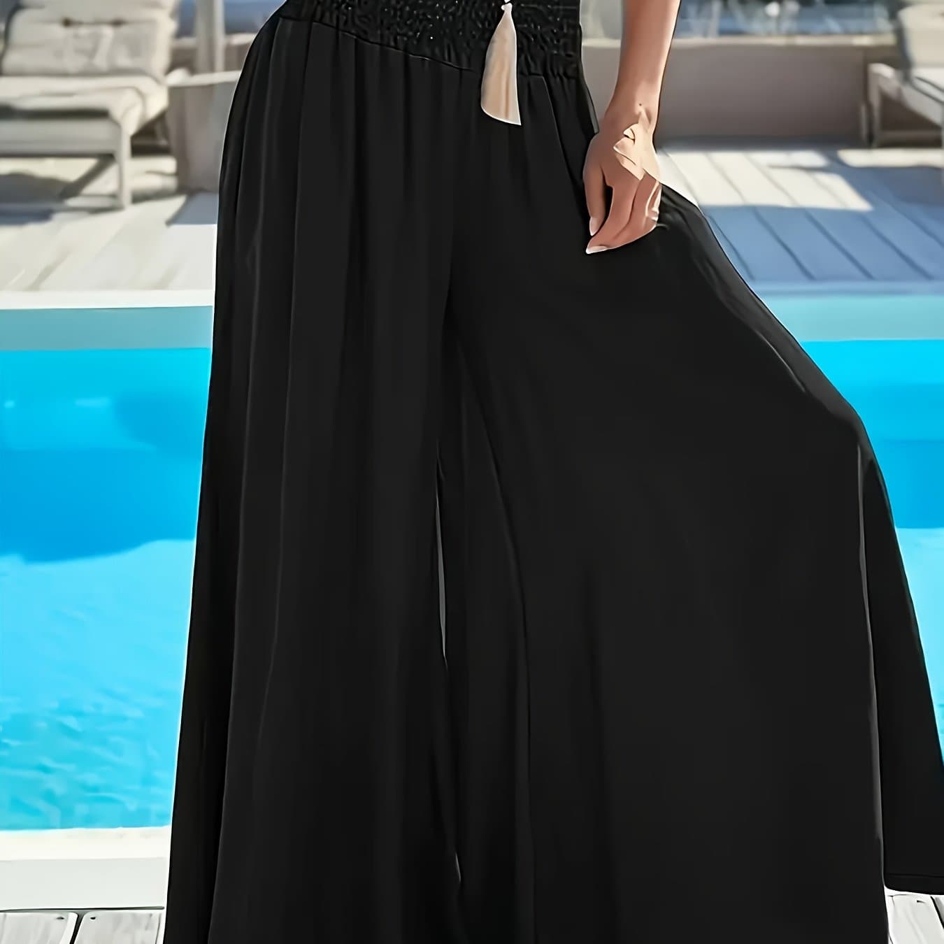 TEMU Plus Size Women's Elastic Waist Wide Leg Pants - Middle Eastern-inspired Smocked Detailing, Solid Color For Casual & Resort Wear, Collection, Comfortable Leisurewear, Gathered Waist