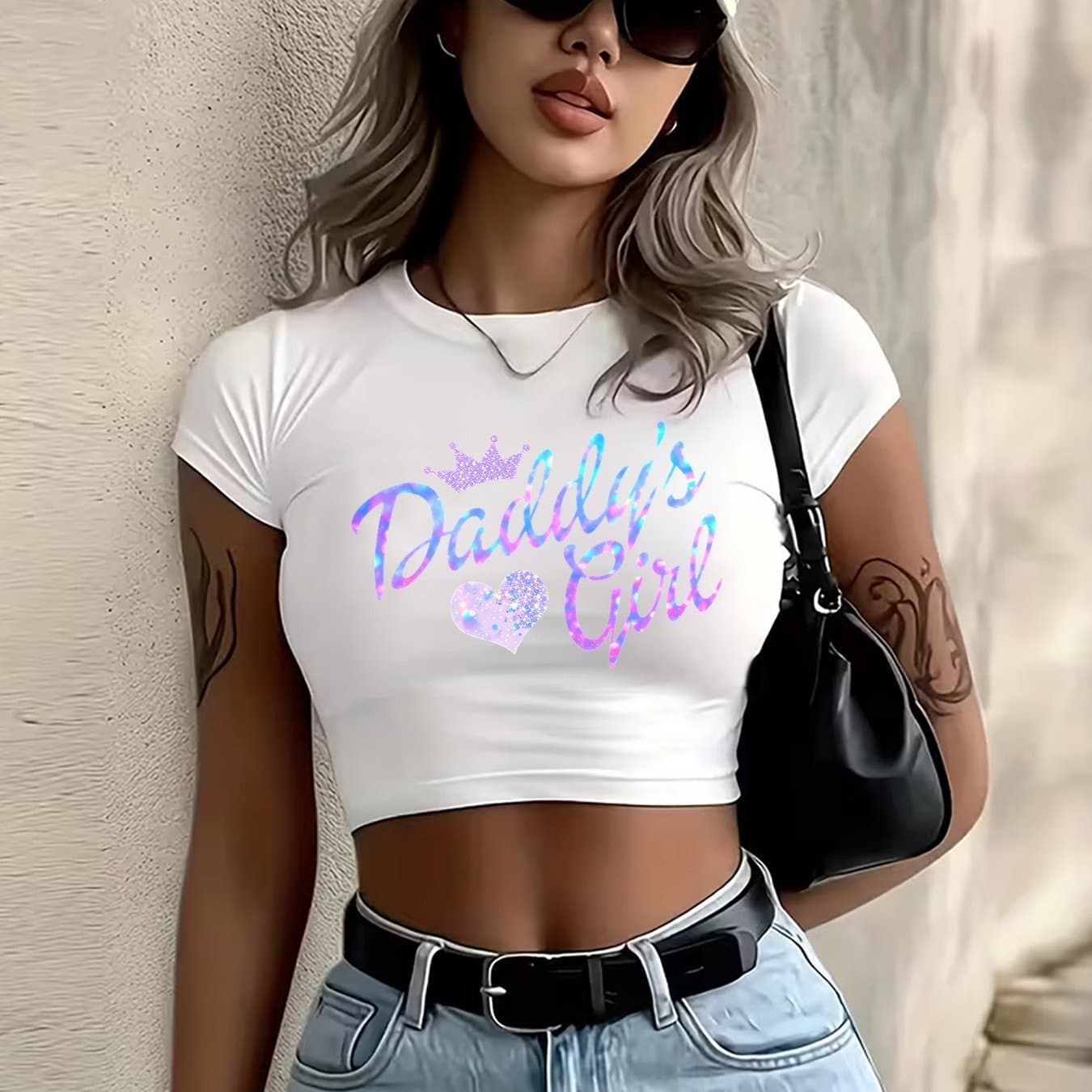 TEMU Trendy Fashion Women'' Heart Print Street Crop Top Short Sleeve Easy Premium Non-picky Matching Casual Outing Summer Fall