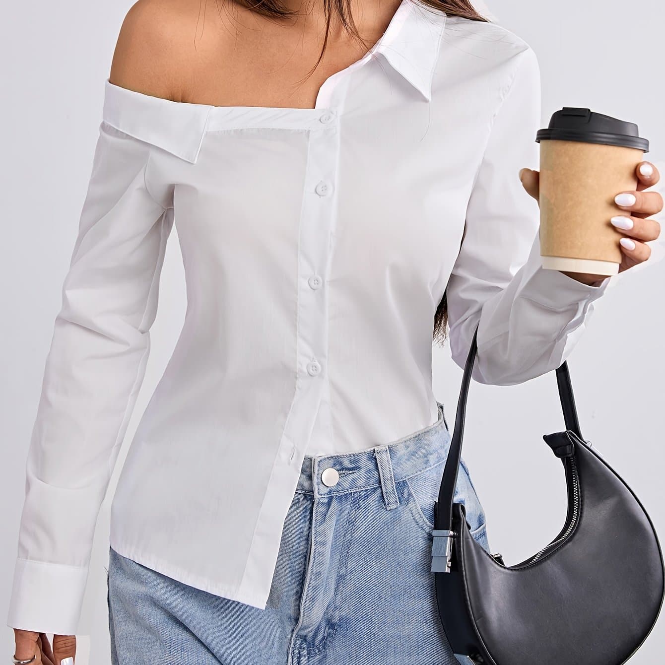 TEMU Autumn New Off-shoulder Temperament Lapel Long Sleeve Shirt Women's Easy Elegant Top
