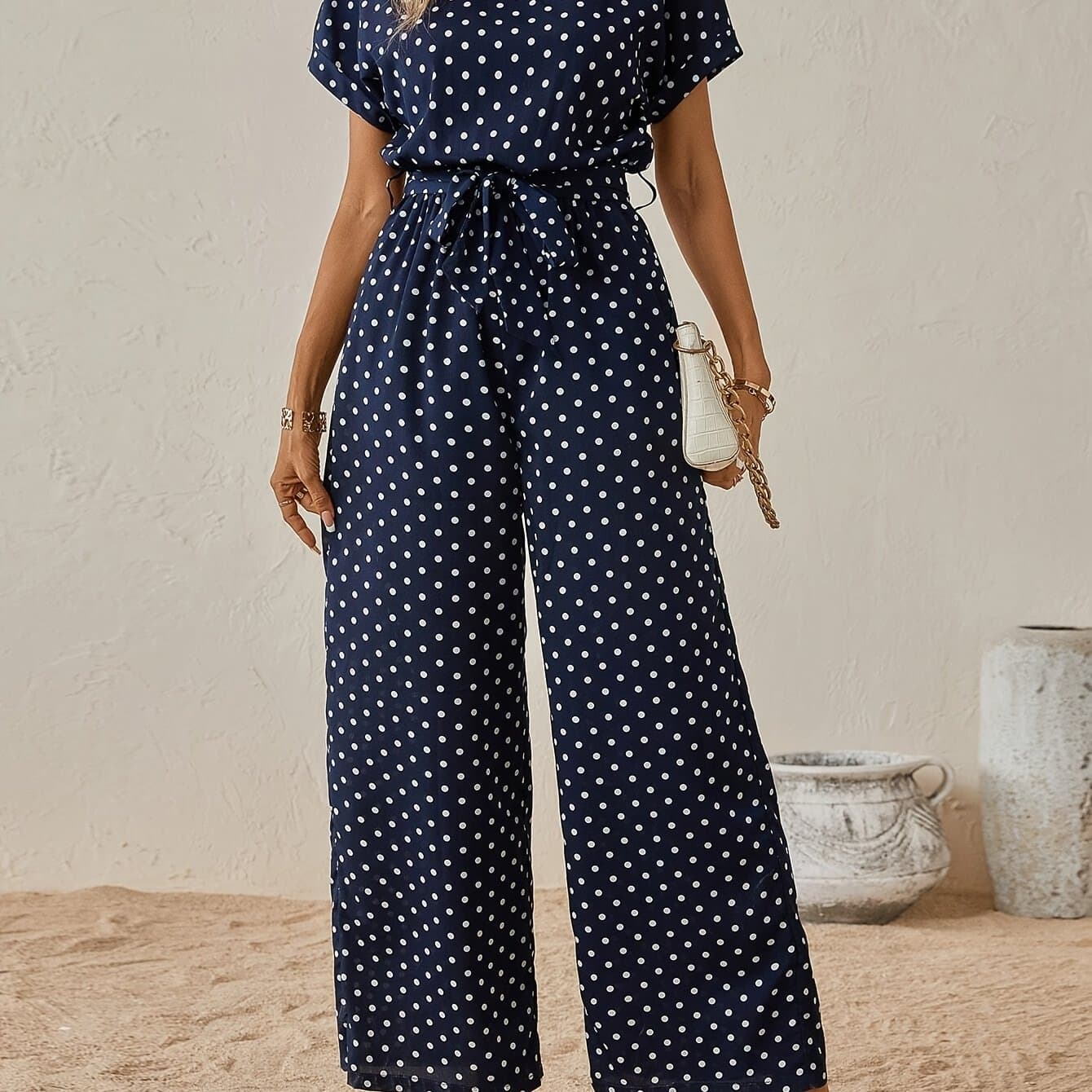 TEMU Elegant Women's Polka Dot Jumpsuit | Off The Shoulder Style, Suitable For Adults