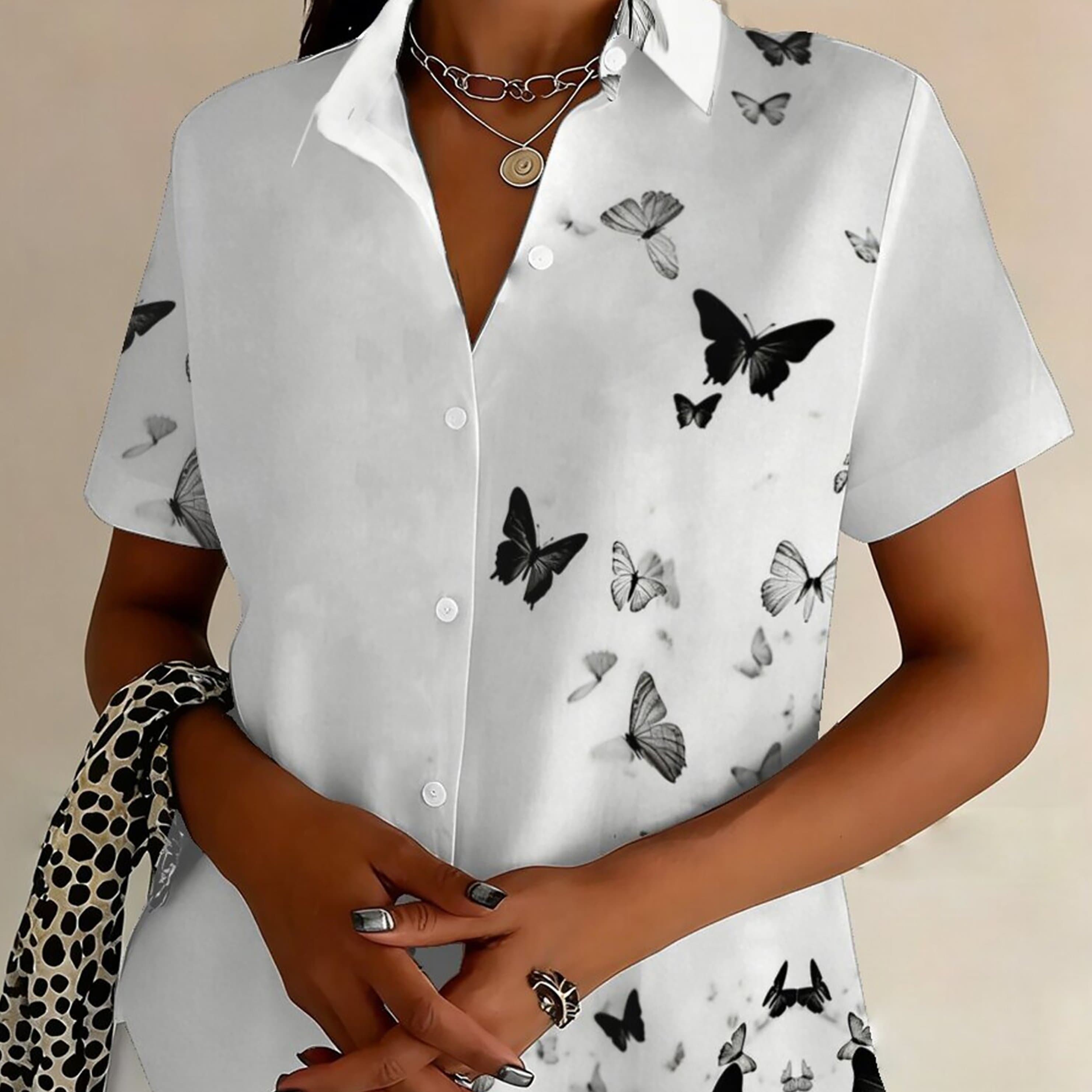 TEMU Plus Size, Women's Size Short Sleeve Button- Shirt With Print Lapel Collar - Casual Summer Blouse, - For Office & Casual Attire, Short Sleeve Button Front Shirt For Women