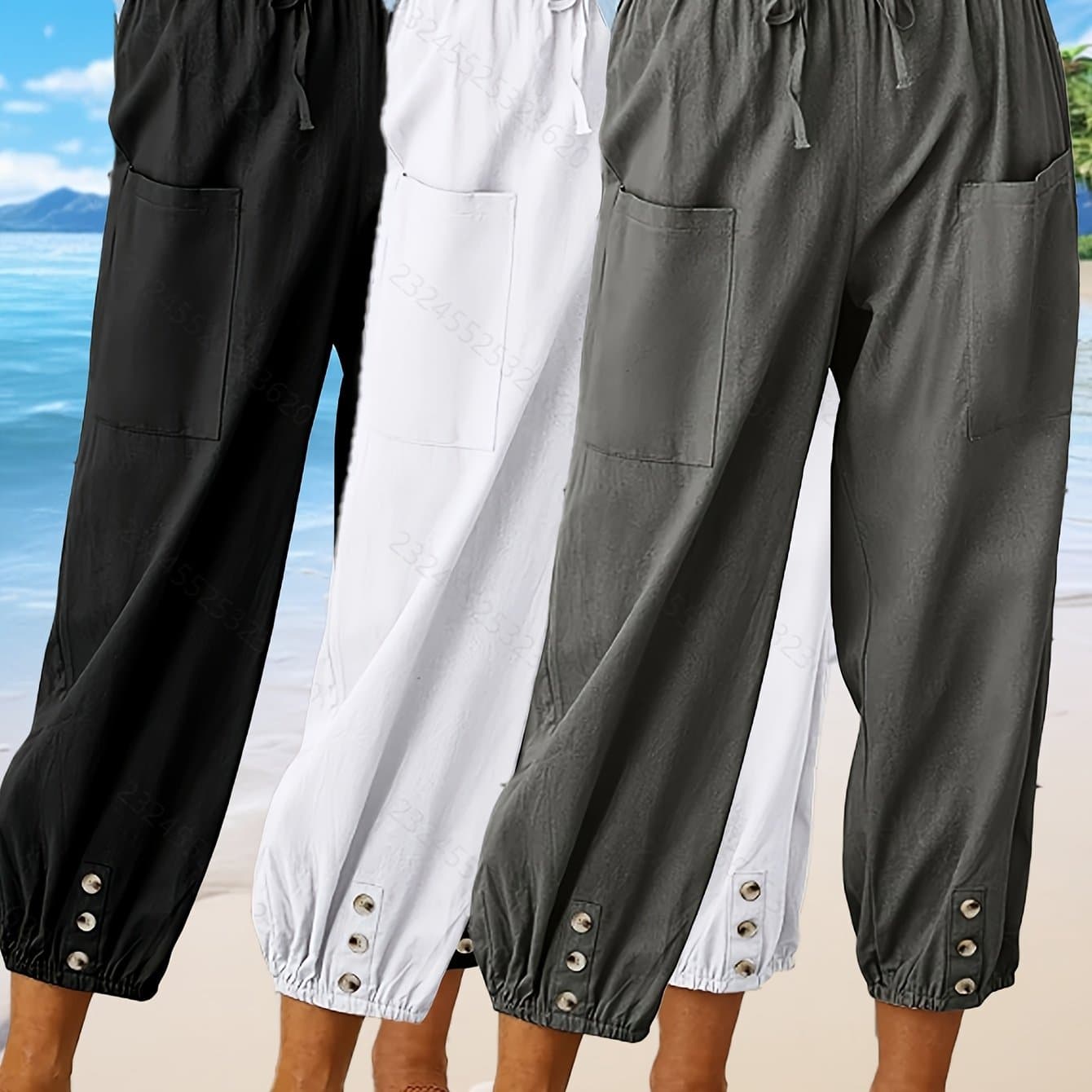 TEMU Foeieraa 3 Packs Women's High Waist Linen Wide Leg Cropped Pants - Elastic Waist With Pockets - Loose Fit For Daily, Work, Vacation, & Home - Breathable Casual Trousers