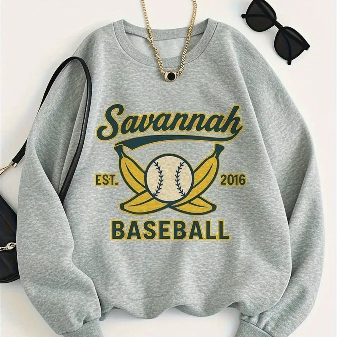 TEMU 1pc Women's Casual Crew Neck Sweater, " 2016" Print With Banana And Ball Graphic Long Sleeve Pullover For Autumn/winter, Grey Sweatshirt