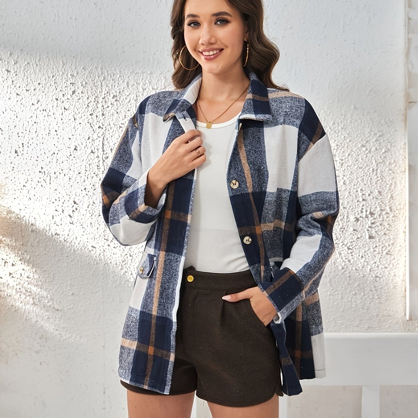TEMU Plus Size - Plus Size - Women's Blue Plaid Shirt - Suitable For Autumn And Winter, Casual Long-sleeved Shirt