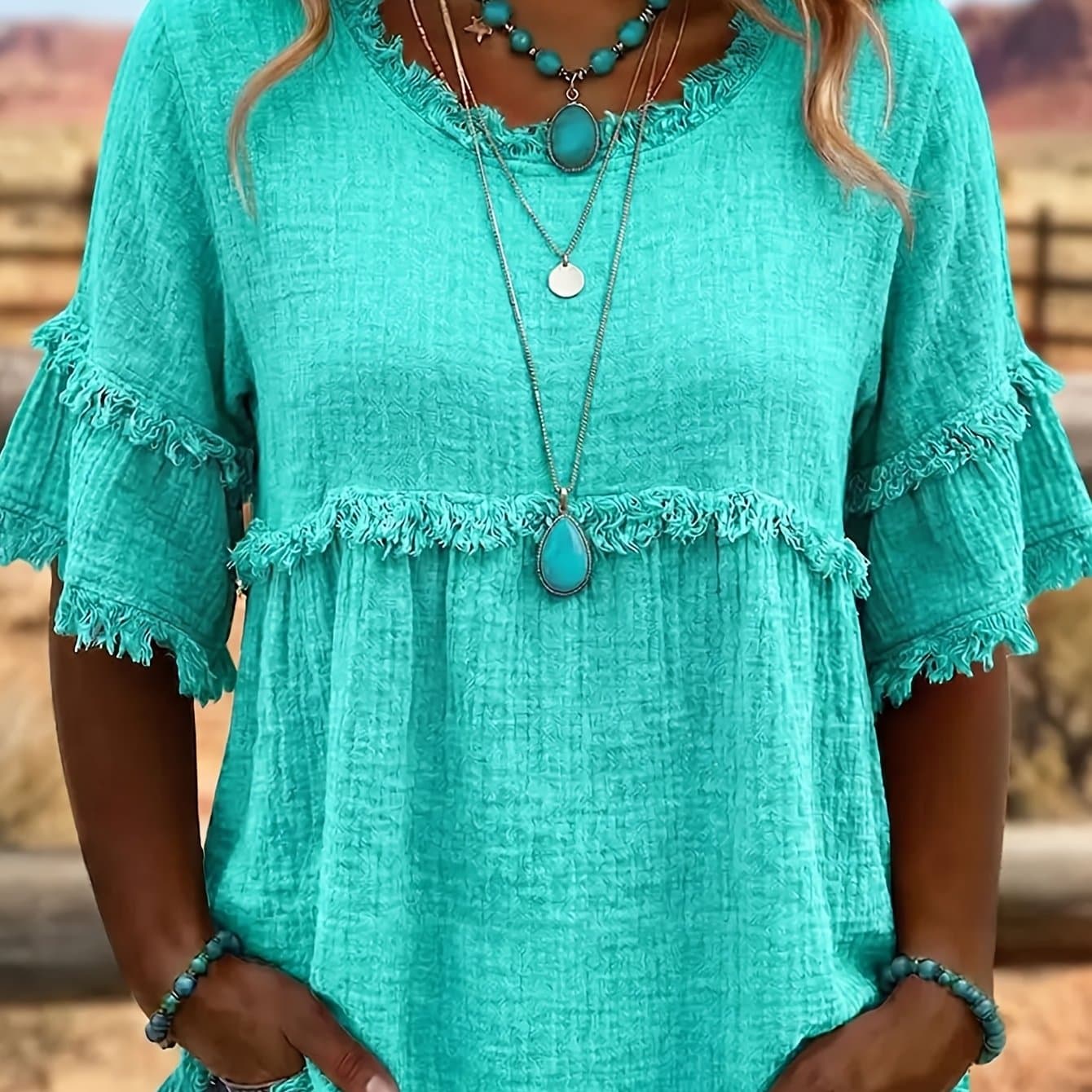 TEMU Women's Round Neck Short Sleeve Casual Blouse With Fringed Trim