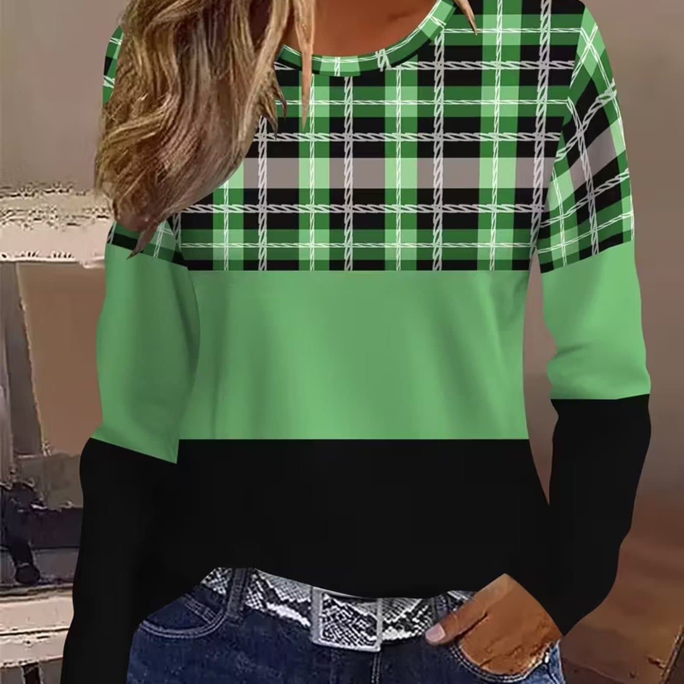 TEMU 3d Pattern Long Sleeve Casual T-shirt In Plaid - Made From Soft Medium Stretch Fabric, Featuring A Round Neck And Relaxed Fit For Comfortable Wear - Ideal For Everyday Use, Work, Or Leisure