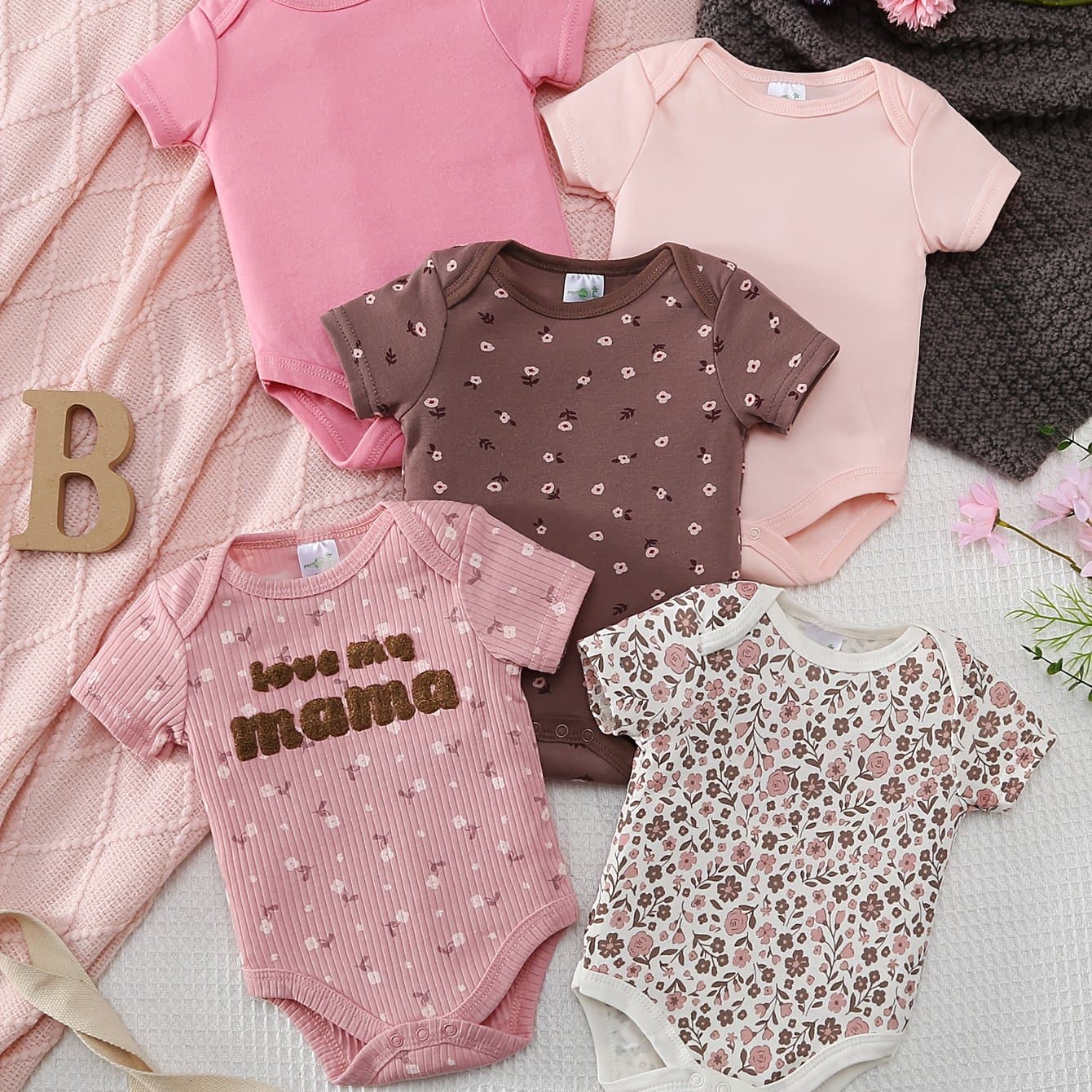 TEMU Newborn Short Sleeve Bodysuit 5pcs Set With Floral Print Embroidery Bodysuit, Aku Clothing Set For 0-9 Months Baby Outfits Suitable For Outdoor Wear