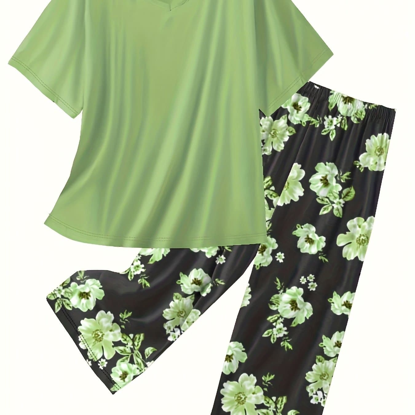 TEMU Plus Size Women's Summer Casual Loose-fit Floral Print Short Sleeve Capri Pants Loungewear Set