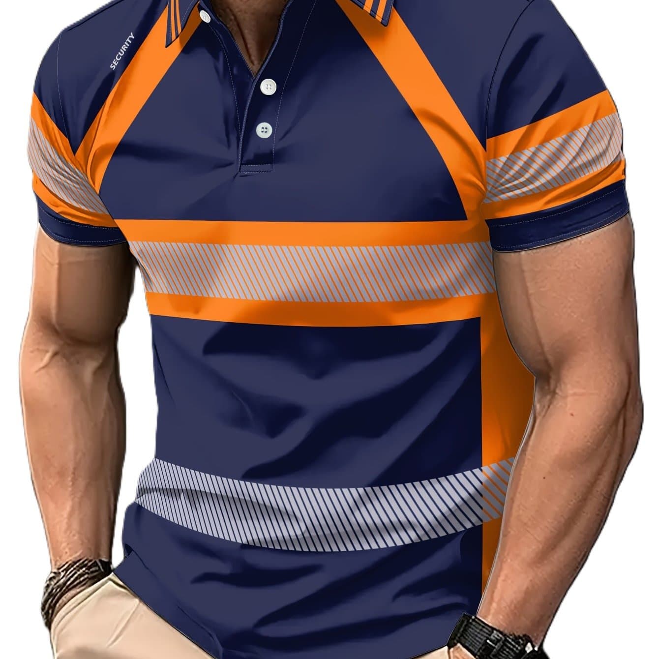 TEMU Printed Design – Not Textured Navy & Orange Reflective Stripe Men' Shirt, Security Logo Workwear Design, Slim Fit, Wearable , Versatile Top For Outdoor Duty Men In Daily Commute