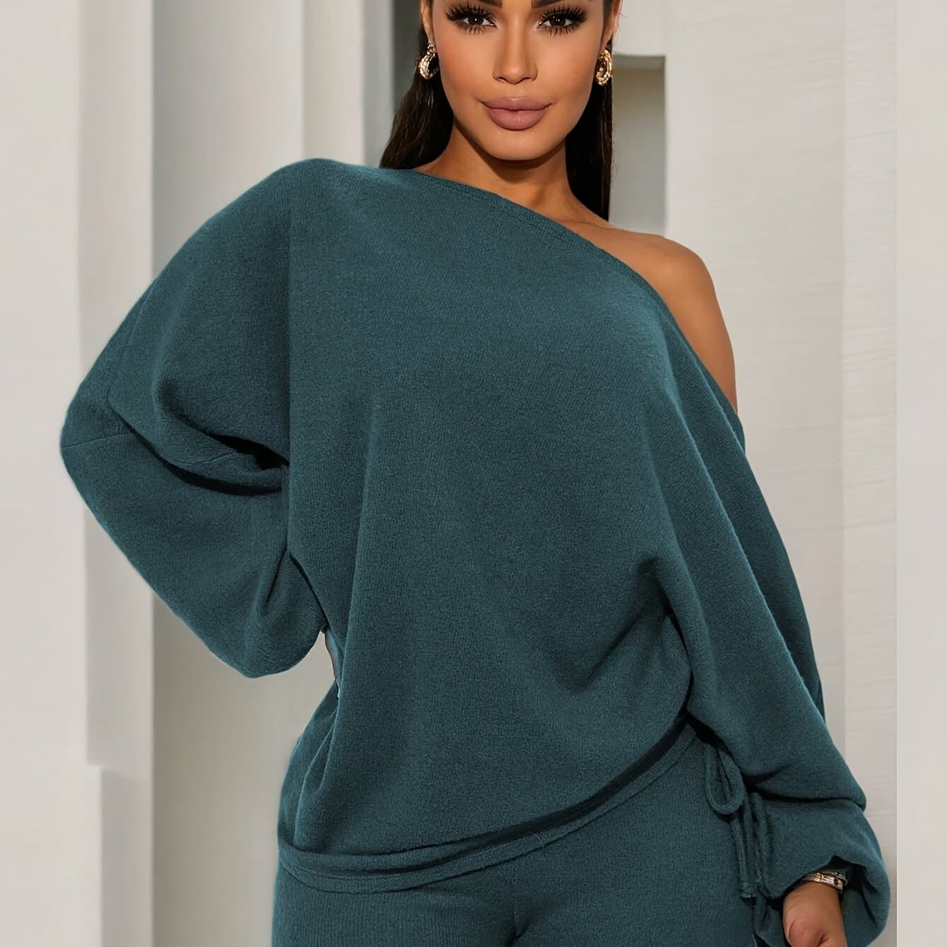 TEMU 2pcs Solid Color T-shirt & Leggings Set, Lantern Sleeve One-shoulder Drawstring Top & Skinny Leggings Outfits, Women's Clothing