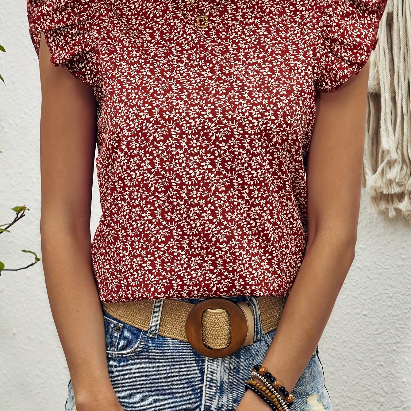 TEMU Floral Neck Blouse, Elegant Ruffle Sleeve Top For , Women's Clothing