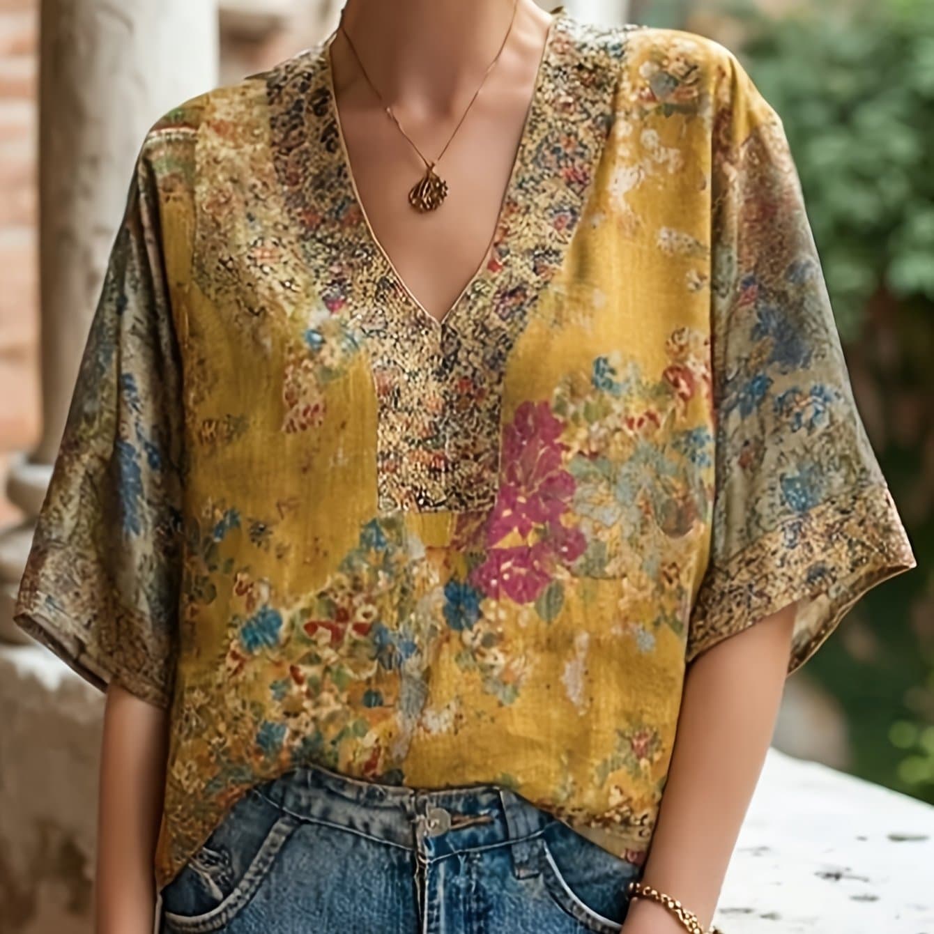 TEMU Spring And Summer New Turmeric Retro Floral V-neck Women's Mid Sleeved Loose T-shirt Top Bohemian Commuting Style Office Commuting