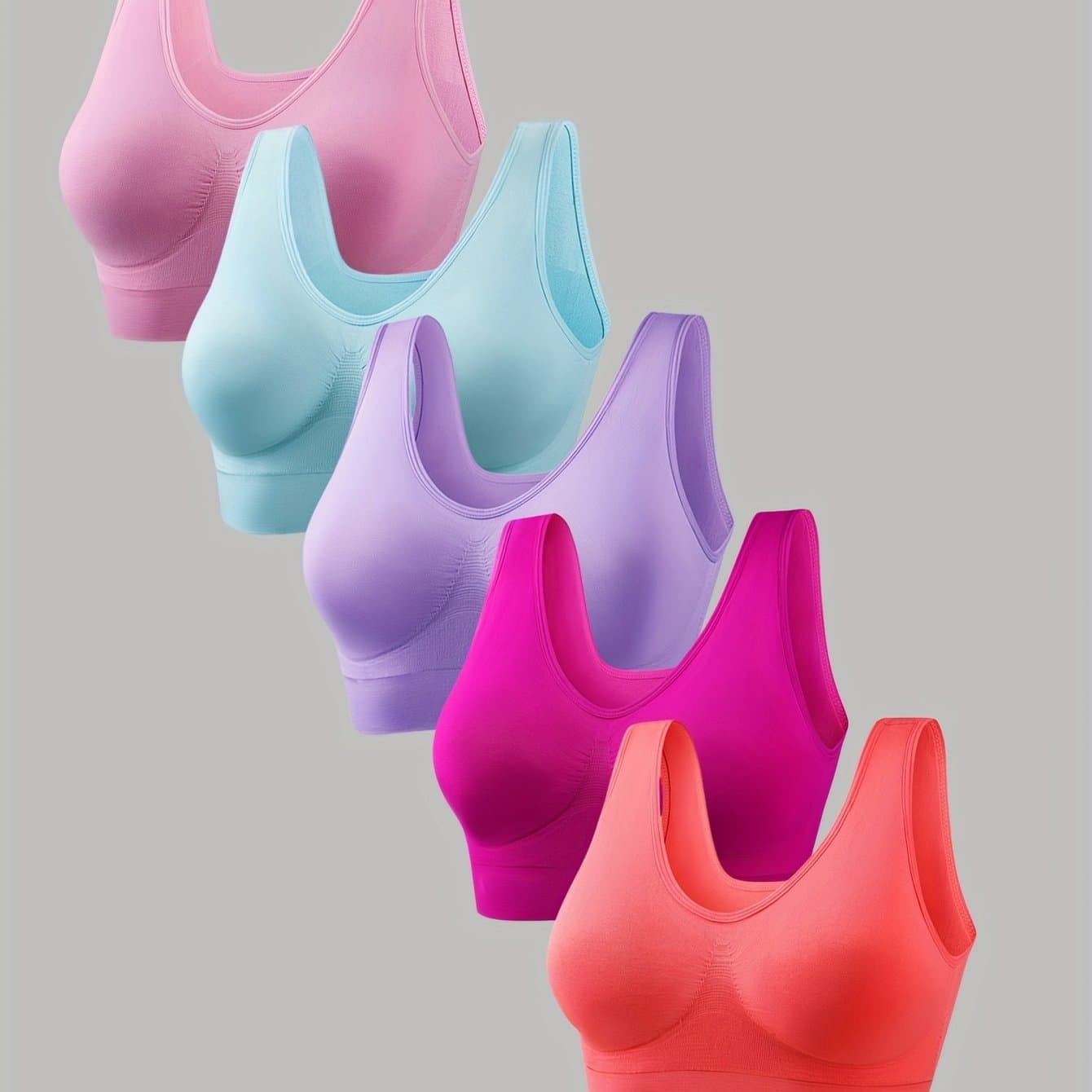 TEMU 5pcs Women's Sports Bras Set, Plus Size Solid Non Padded Seamless Running Versatile Bralette
