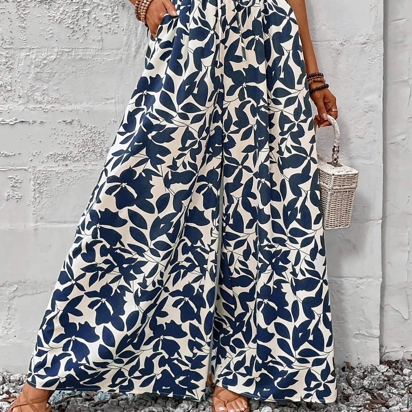 TEMU Romantic Women's Lace-up Waist Wide-leg Plant Print Loose Casual Trousers, Bohemian Vacation Summer