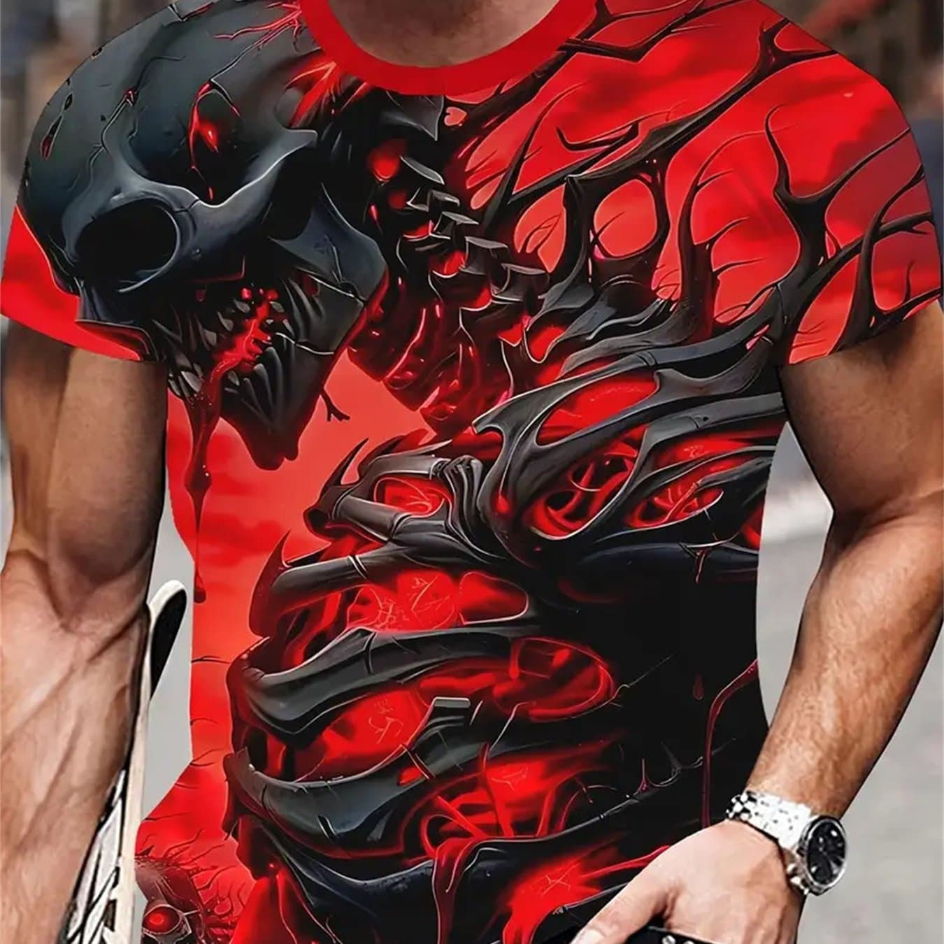TEMU Summer Skull 3d Print T-shirt Street Men's Casual Fashion Oversized Round Neck Short Sleeve Top Red Black Skull Clothing