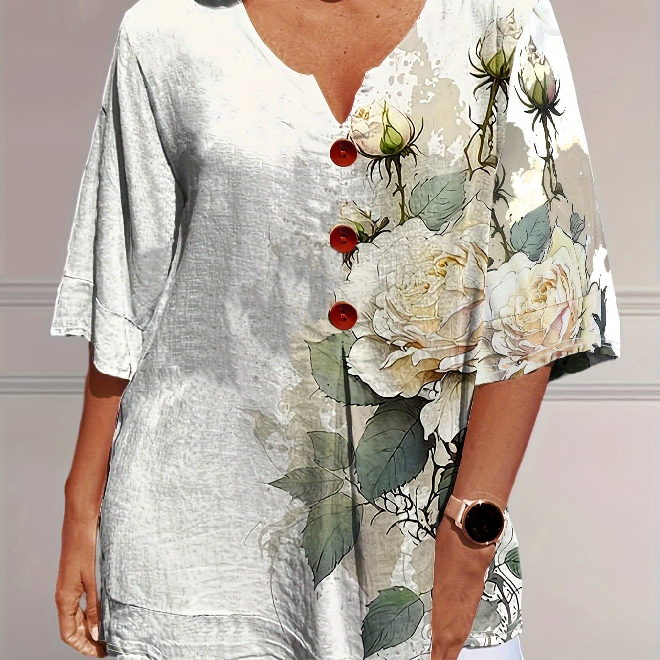 TEMU Plus Size, Cross-border European And American Women's Fashion 2024 Summer Floral Print Loose V-neck Short-sleeve Button-up Shirt For Women
