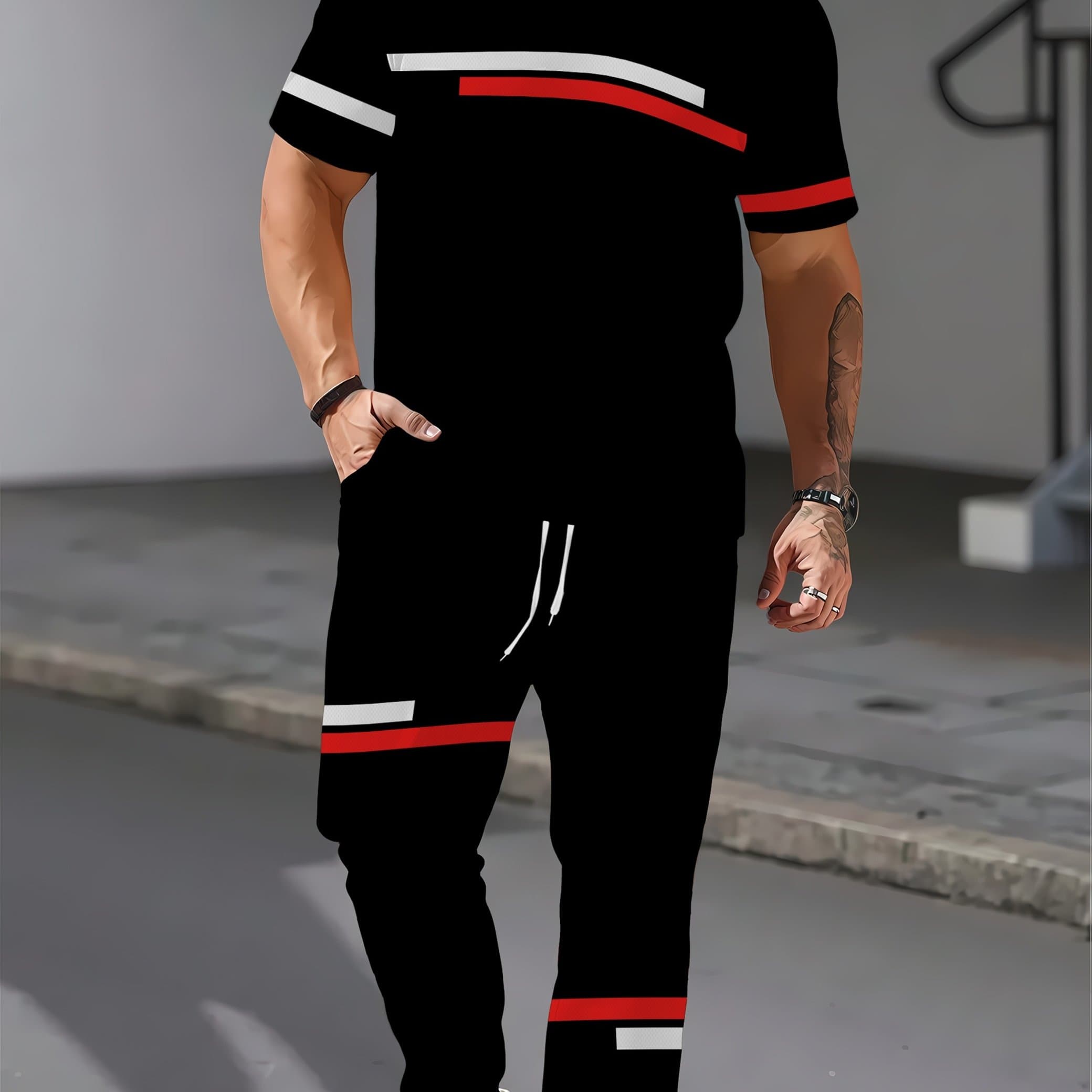 TEMU Men's Polyester Sportswear | Elegant Casual Crew Neck | Slightly Stretchy Knit With 3d Print | Regular Fit 2pcs Set | Patterned Short Sleeve T-shirt And Long Pants