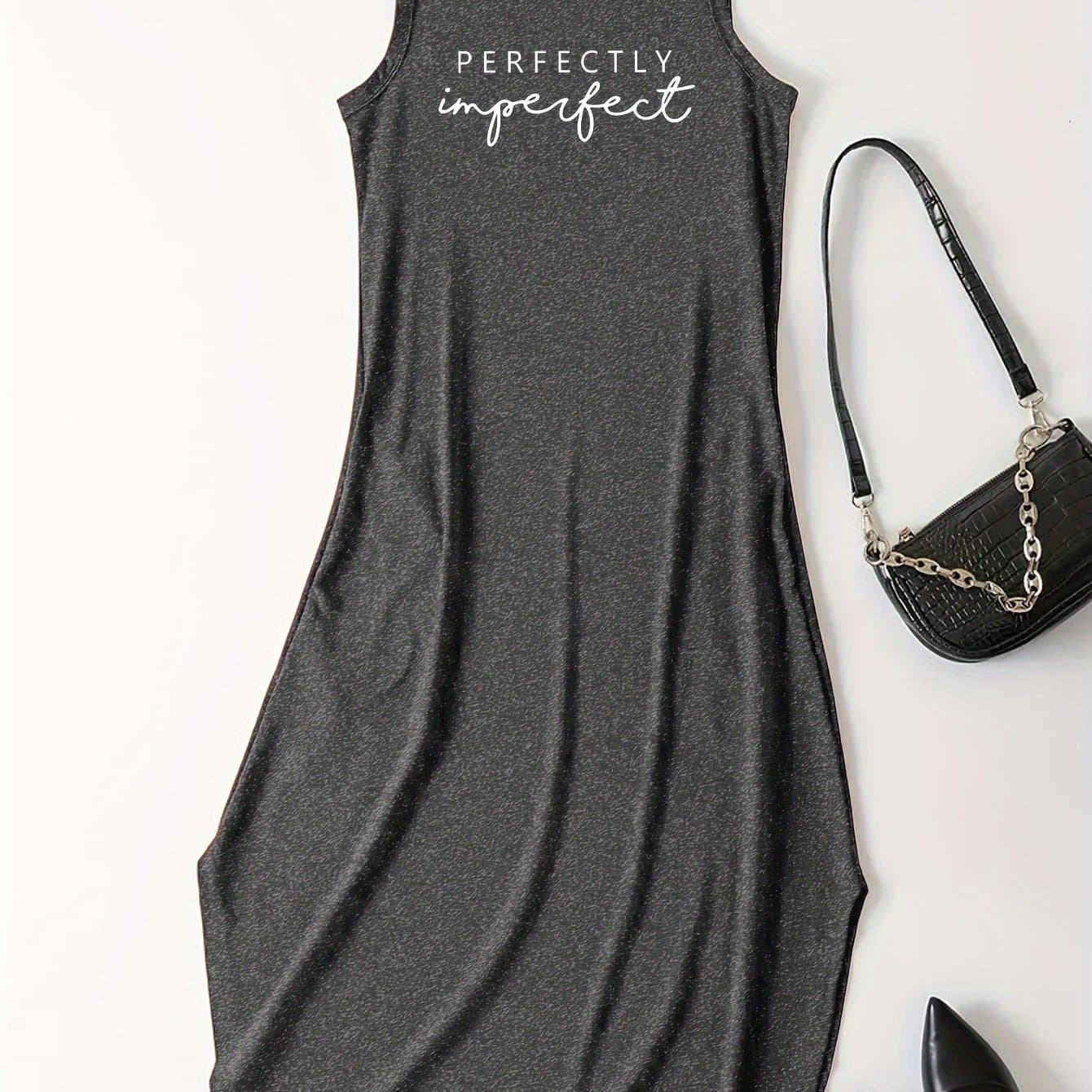 TEMU Letter Print Dress, Casual Crew Neck Sleeveless Maxi Dress, Women's Clothing