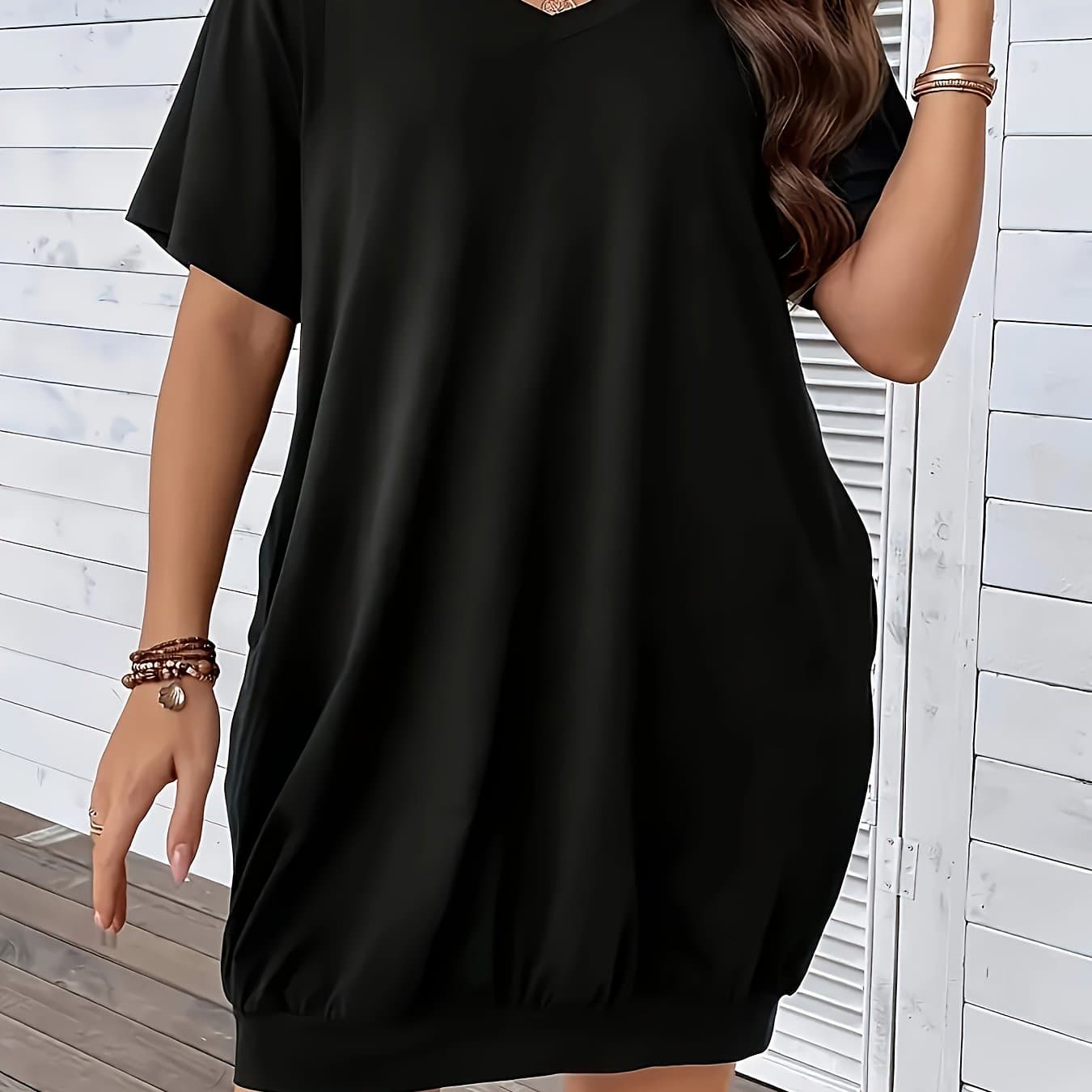 TEMU Plus Size - Plus Size - Targeted Development Cross-border Solid V-neck Size Dress