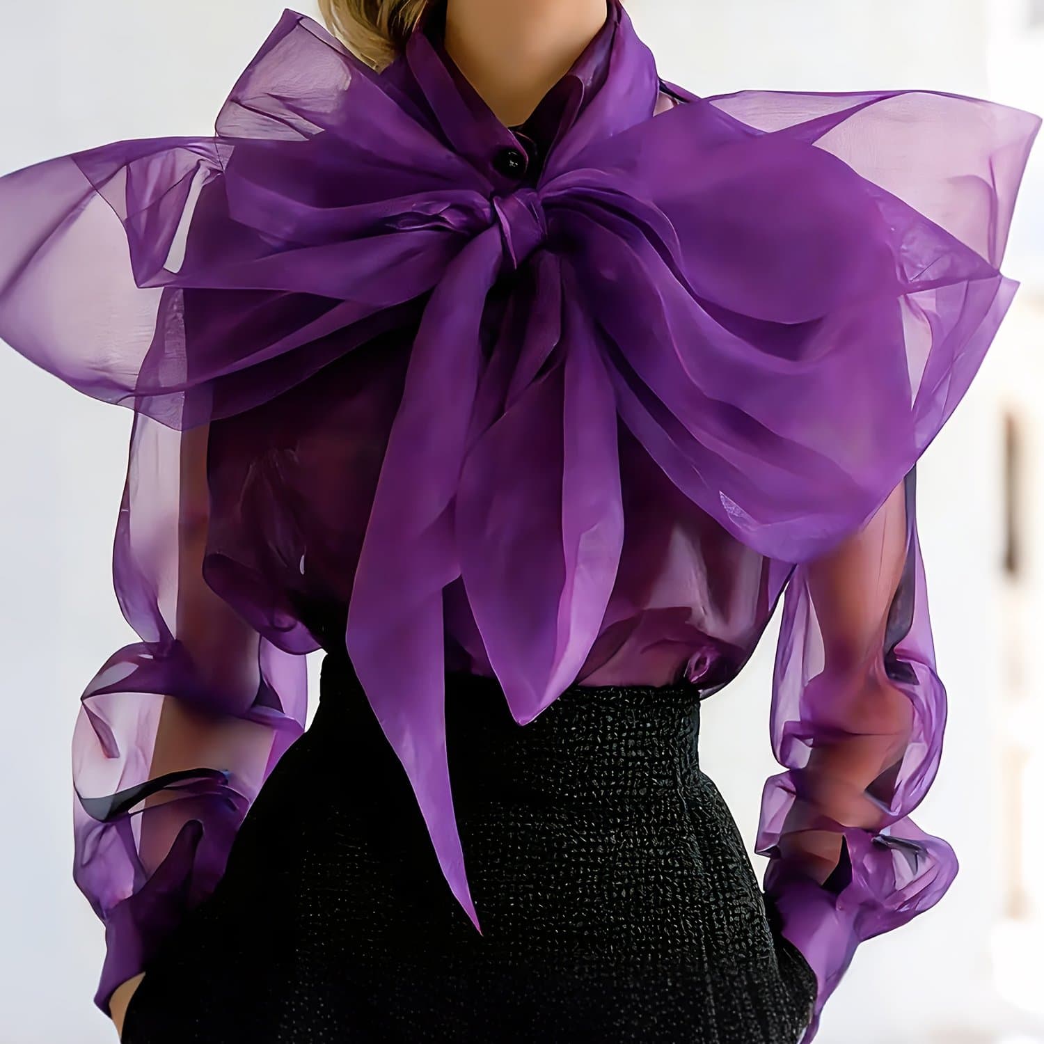 TEMU Women's Purple Sheer Chiffon Oversized Bow Neck Blouse - Elegant Fashion Long Sleeve Transparent Shirt For Date Night Party Top