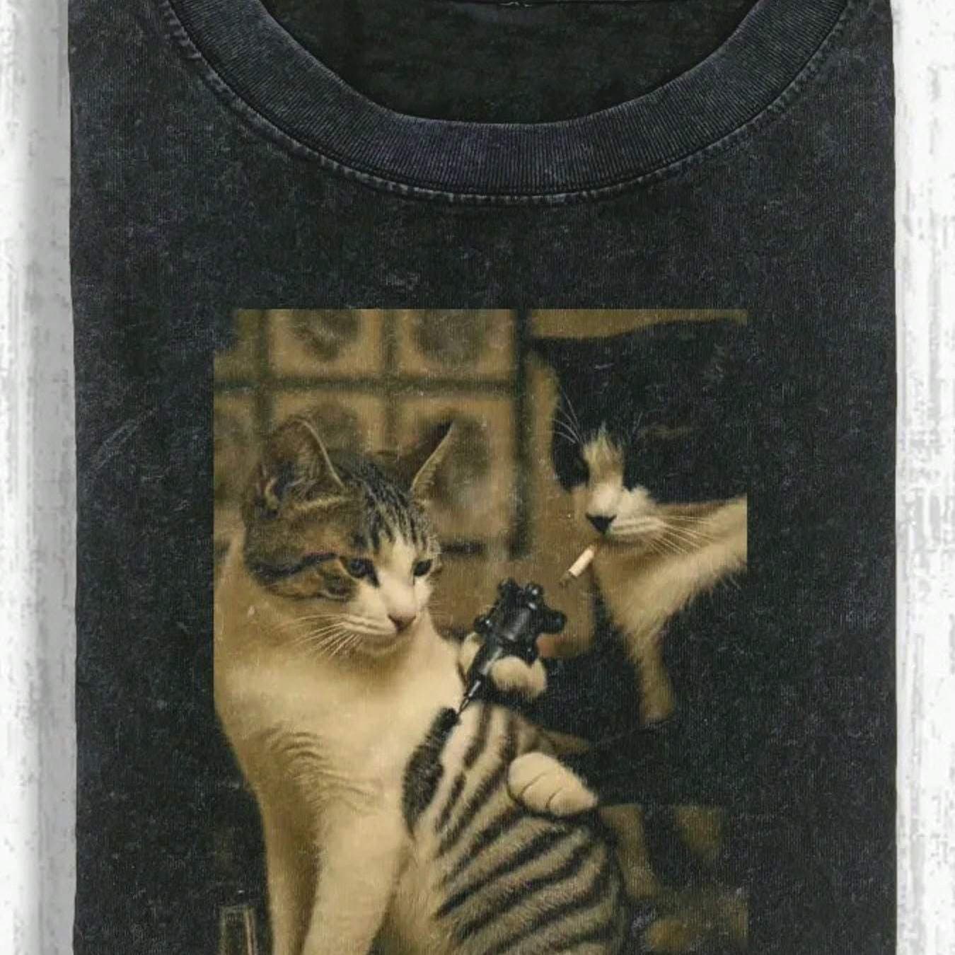 TEMU Tattoo Striped Cat Print T-shirt, High-quality Printed Retro Fashion -shirt, Men's T-shirt, Summer T-shirt, Beach Essential, Holiday Gift, Perfect Gift