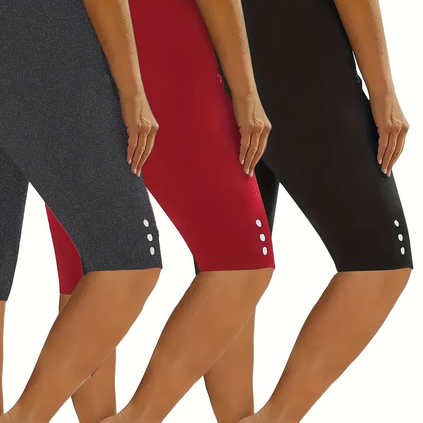TEMU 3pcs Women's Casual Knee-length Shorts, Elastic Waistband, Button Detail, Solid Color And