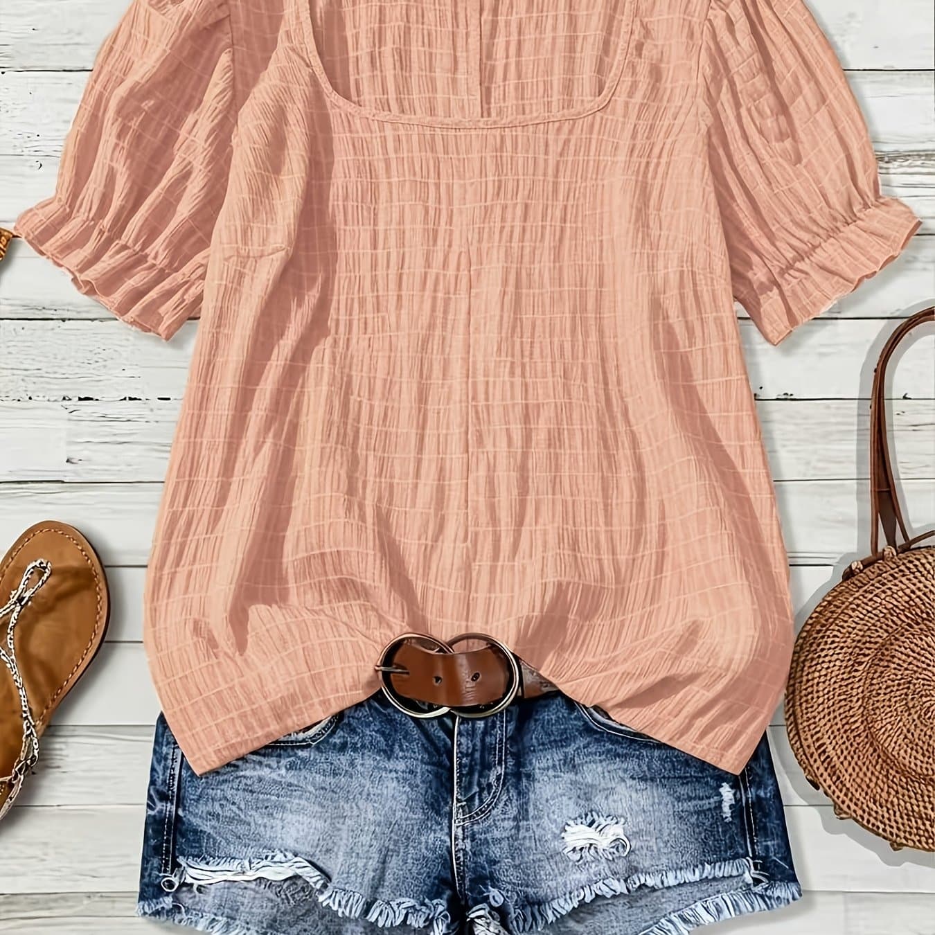 TEMU Plus Size - Plus Size - Summer Beautiful Plus Size Women's Shirt Square Neck Puff Sleeve Loose Temperament Top, Casual Elegant Vacation Versatile Style