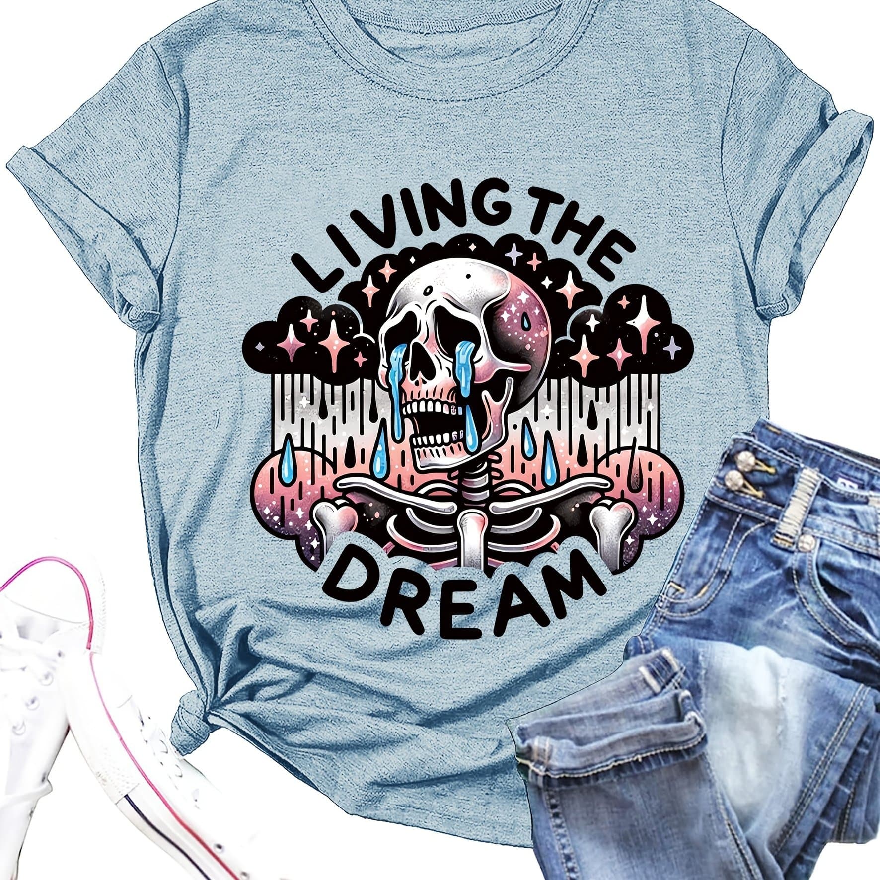 TEMU Women's "" Graphic T-shirt - Skull & Celestial Tee, Round Neck, Machine Washable Summer Top For Casual Attire, Apparel, Medium Fabric