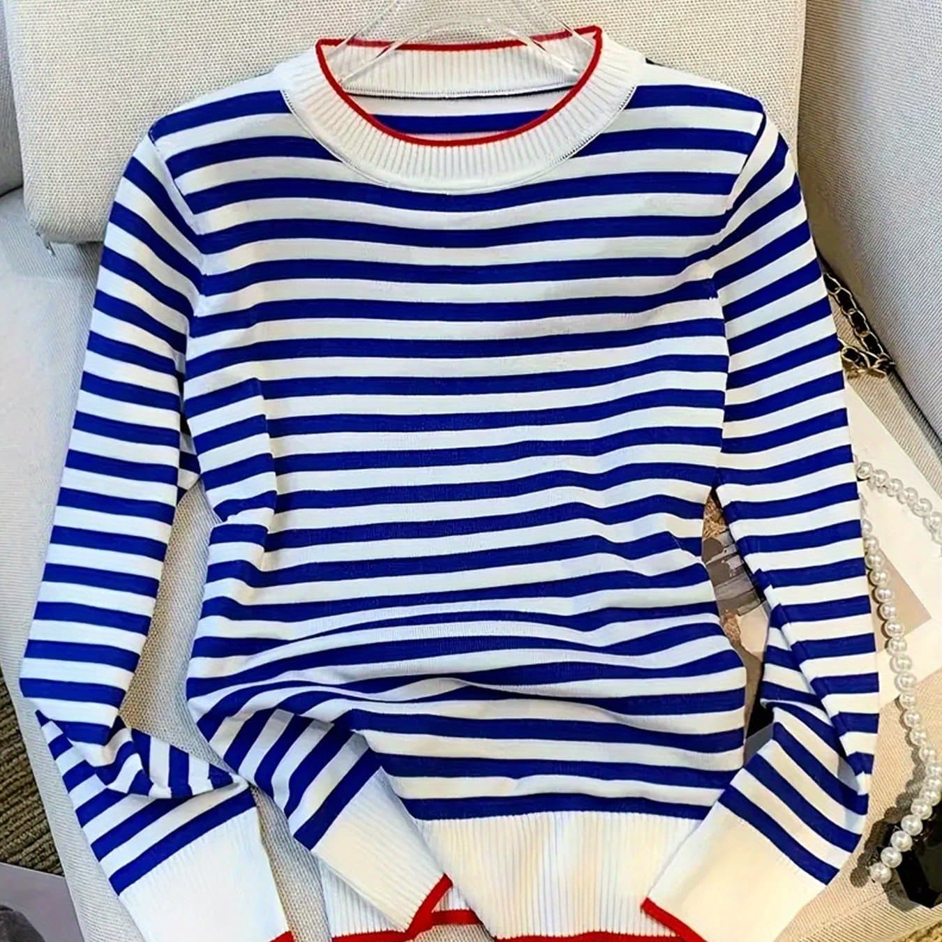 TEMU Women's Round Neck Pullover Sweater, Neck Striped Long Sleeve Sweater, Women's Top, Women's Sweater