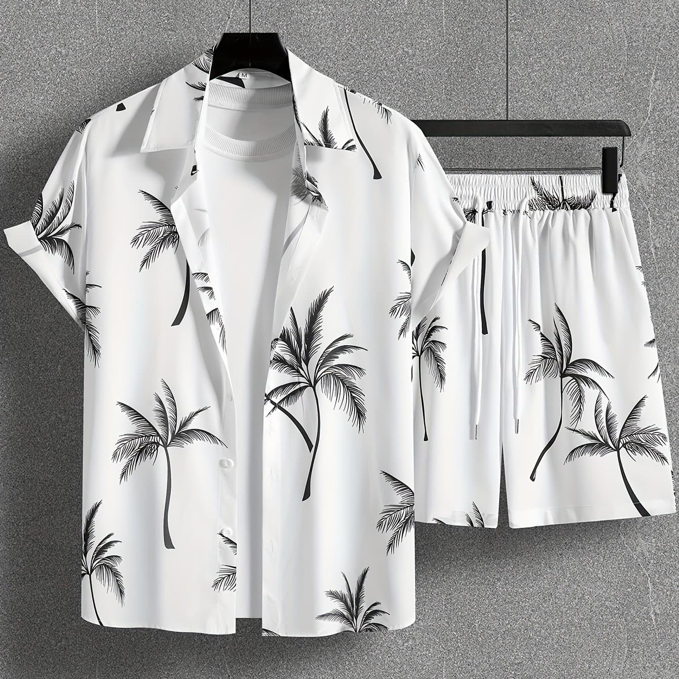 TEMU 222# Men's Tropical Print Shirt And Drawstring Waist Shorts Set, No T-shirt