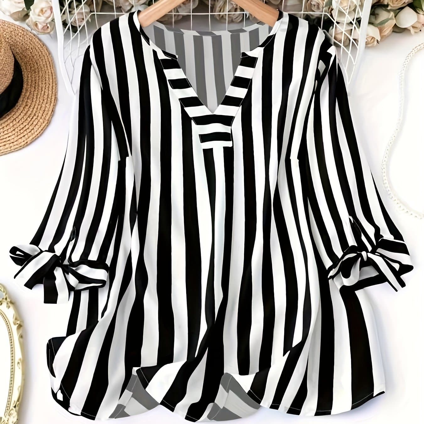 TEMU Striped V-neck Blouse, Elegant 3/4 Sleeve Lace Up Cuff Top For Spring & Fall, Women's Clothing