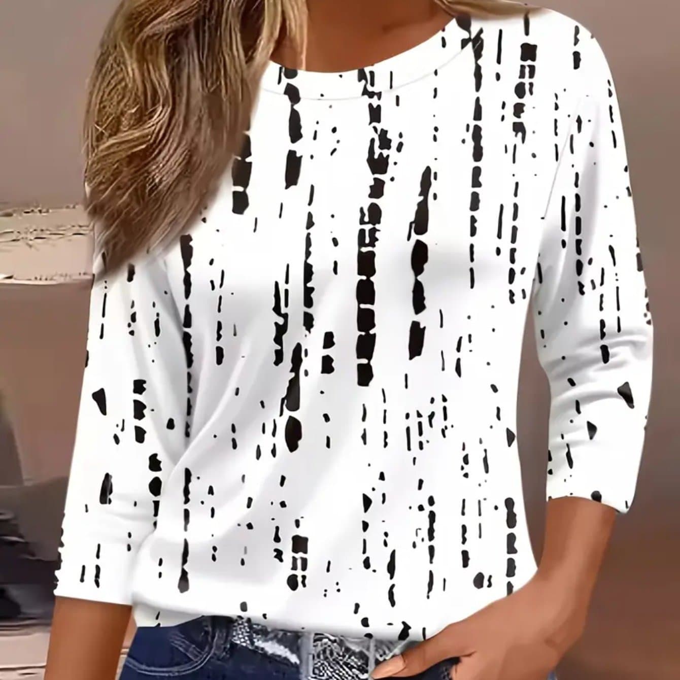 TEMU 3d With Black Geometric Print Women's Slogan Print Long Sleeve Casual T-shirt - Soft Medium Stretch Fabric, Round Neck, Relaxed Fit, Comfortable Wear - Perfect For Daily Life, Work, Or Leisure
