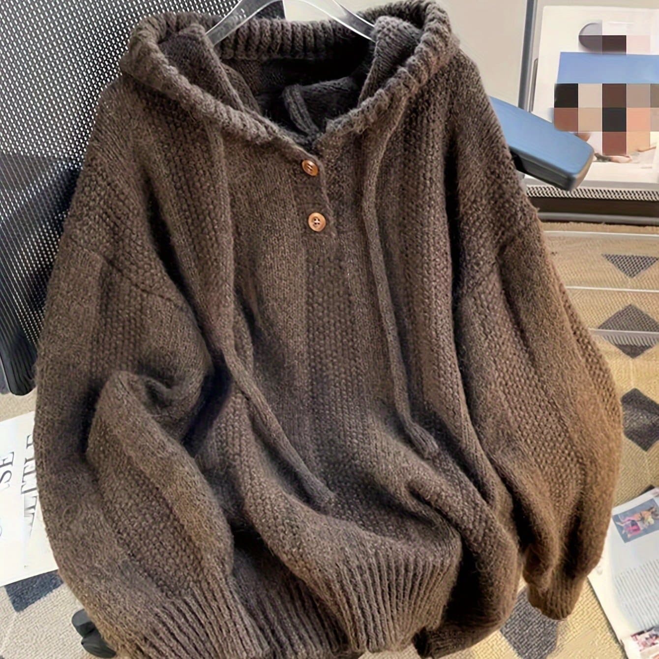 TEMU European And American Autumn-winter New Style Simple Loose Hooded Drawstring Pullover Sweater Coat