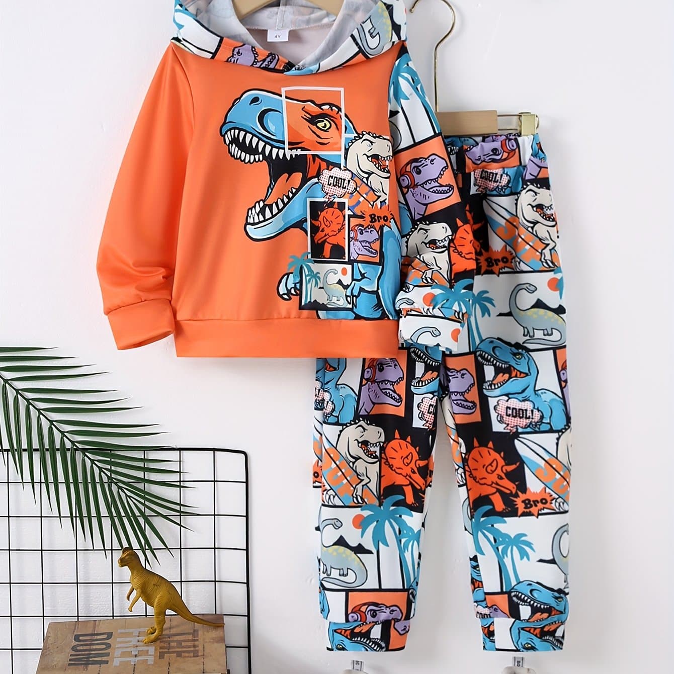TEMU 2pcs/set Young Boy Casual Dinosaur Print Hoodie Sweatshirt And Dinosaur Print Jogger Pants, Autumn Winter, Outdoor