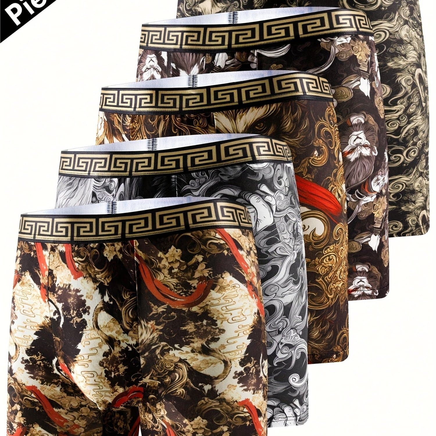 TEMU 5pcs Fashionable Printed Men's Long Boxy Underwear, Lightweight Underwear, Soft And Comfortable, Unique Personality, , A Week