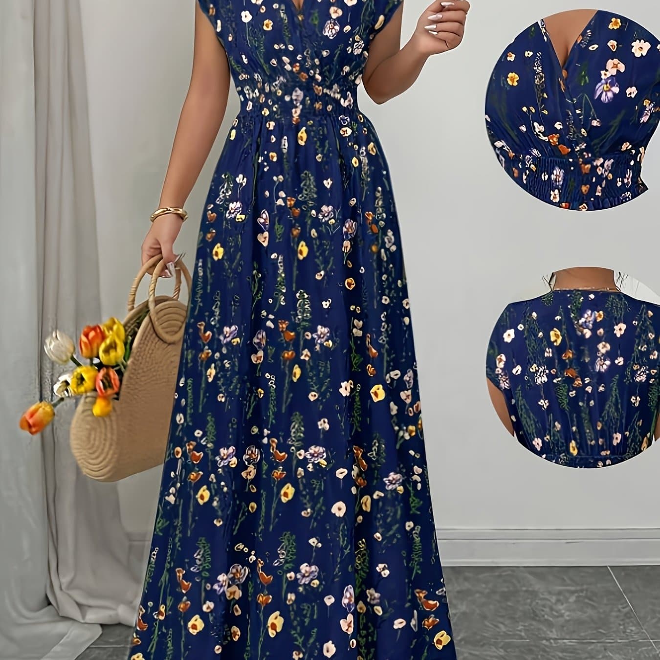 TEMU Women's New Printed Waist-cinching Elegant V-neck Long Dress, Suitable For Spring And Summer