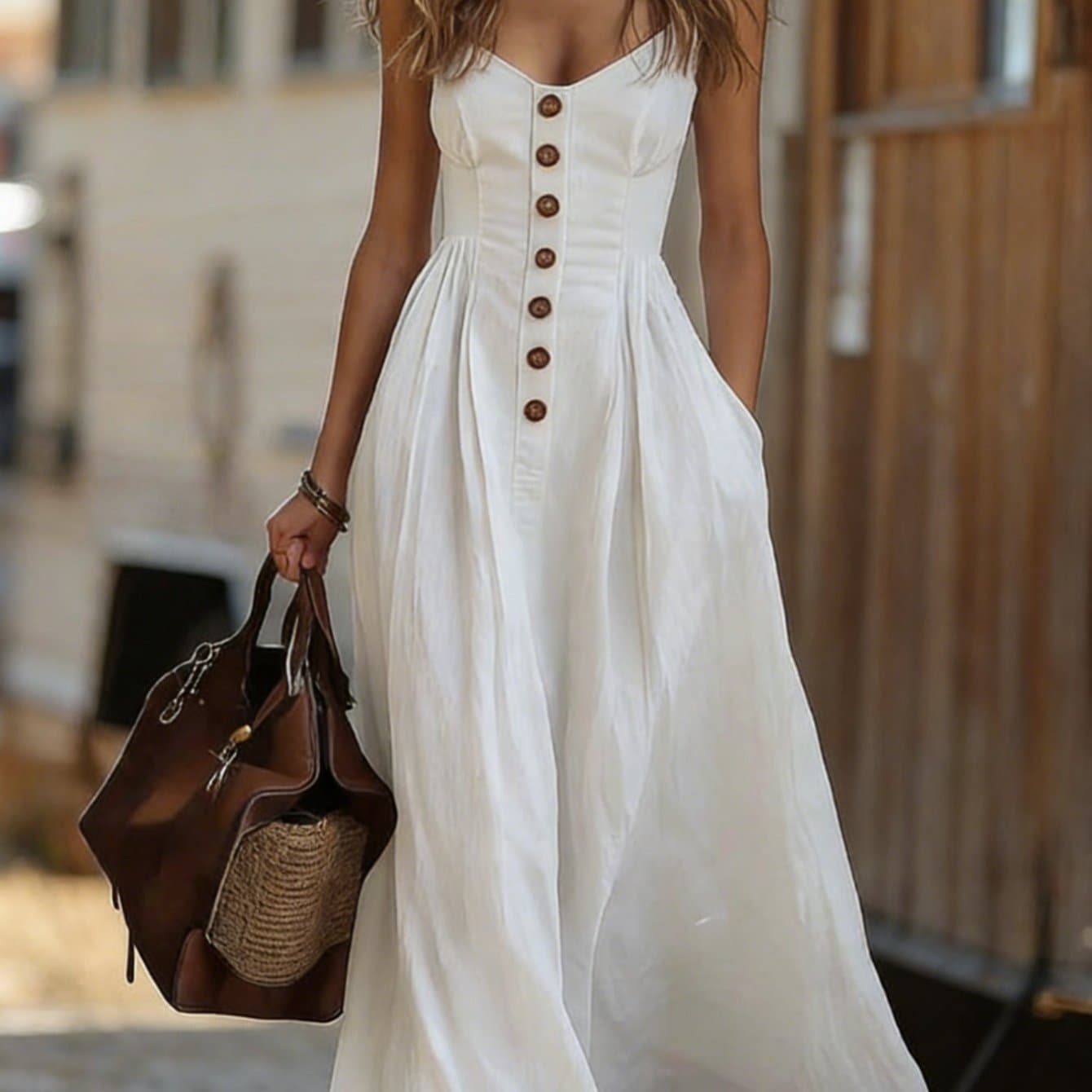 TEMU The Spaghetti Suspender Dress With Button Closure, Cinched Waist, And Flared Skirt Exudes A French Vintage Vibe, Suitable For Seaside Vacations, Wedding Guests, And Everyday Streetwear.