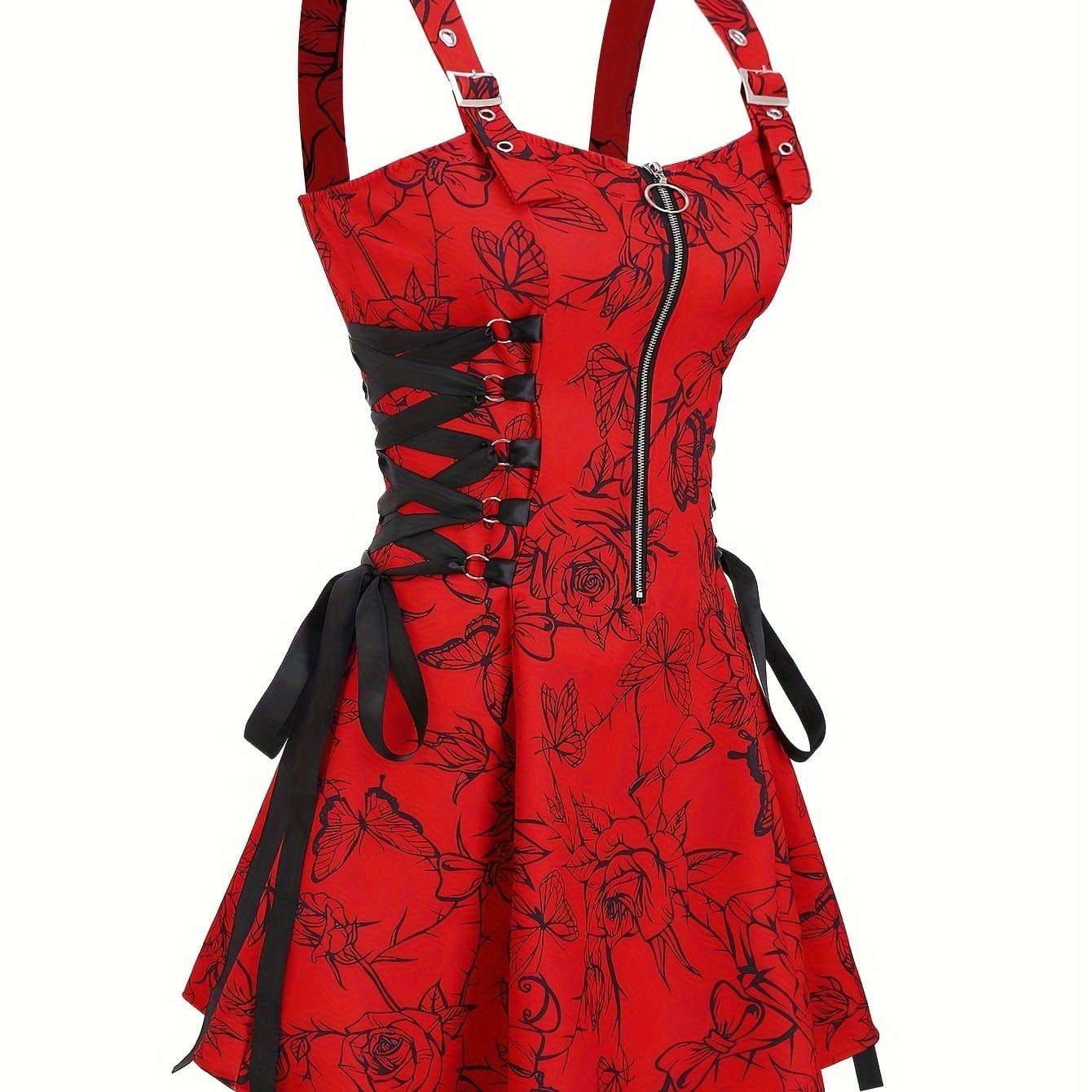 TEMU Women's Rose Print Zipper Dress