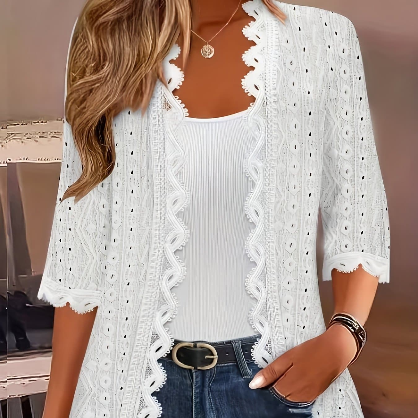 TEMU Ladies' Fashion Elegant Embroidered Eyelet Jacquard Lace Mid-sleeve Cardigan