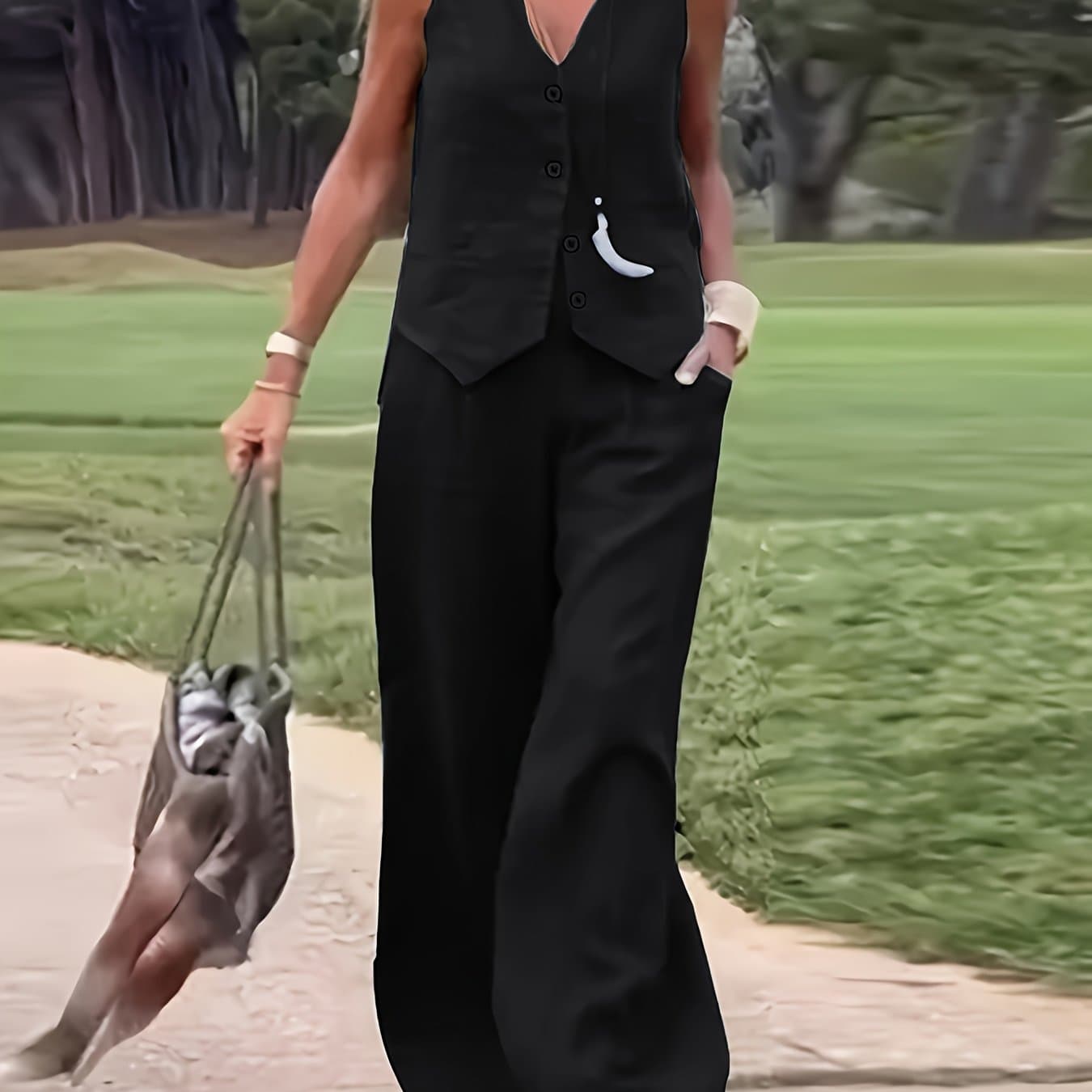 TEMU Summer New Casual Comfortable Versatile Sleeveless V-neck Vest And Long Pants 2pcs Set For Women thumbnail 2