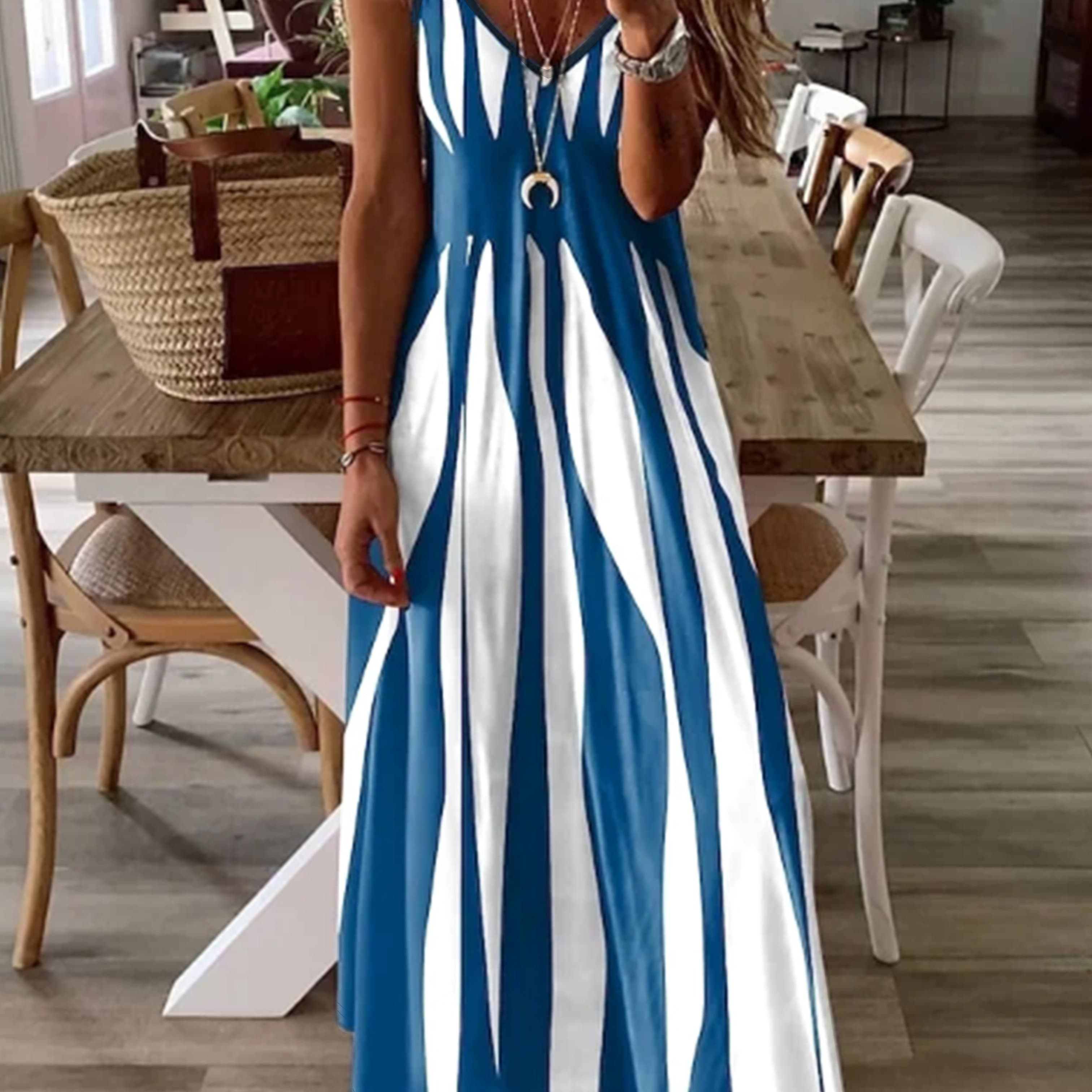 TEMU Fashion Women's V-neck Dress With Thin Straps, Printed Casual Dress, Outdoor Comfortable Dress, Casual Dress For Spring, Summer, Autumn, And Winter