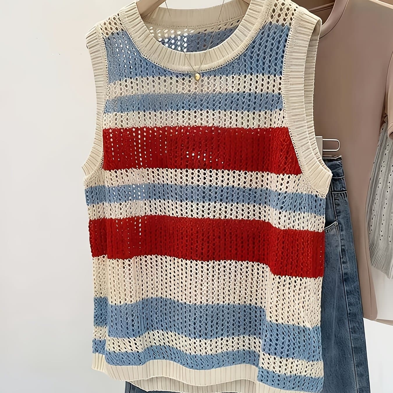 TEMU Women's Color-block Striped Openwork Sleeveless Vest, Suitable For Spring And Summer Wear, Ideal For Daily Casual And