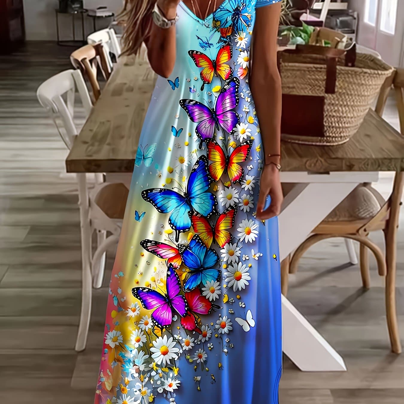TEMU Plus Size, Women's Summer V-neck Short-sleeved Dress With And White Daisy Pattern Prints