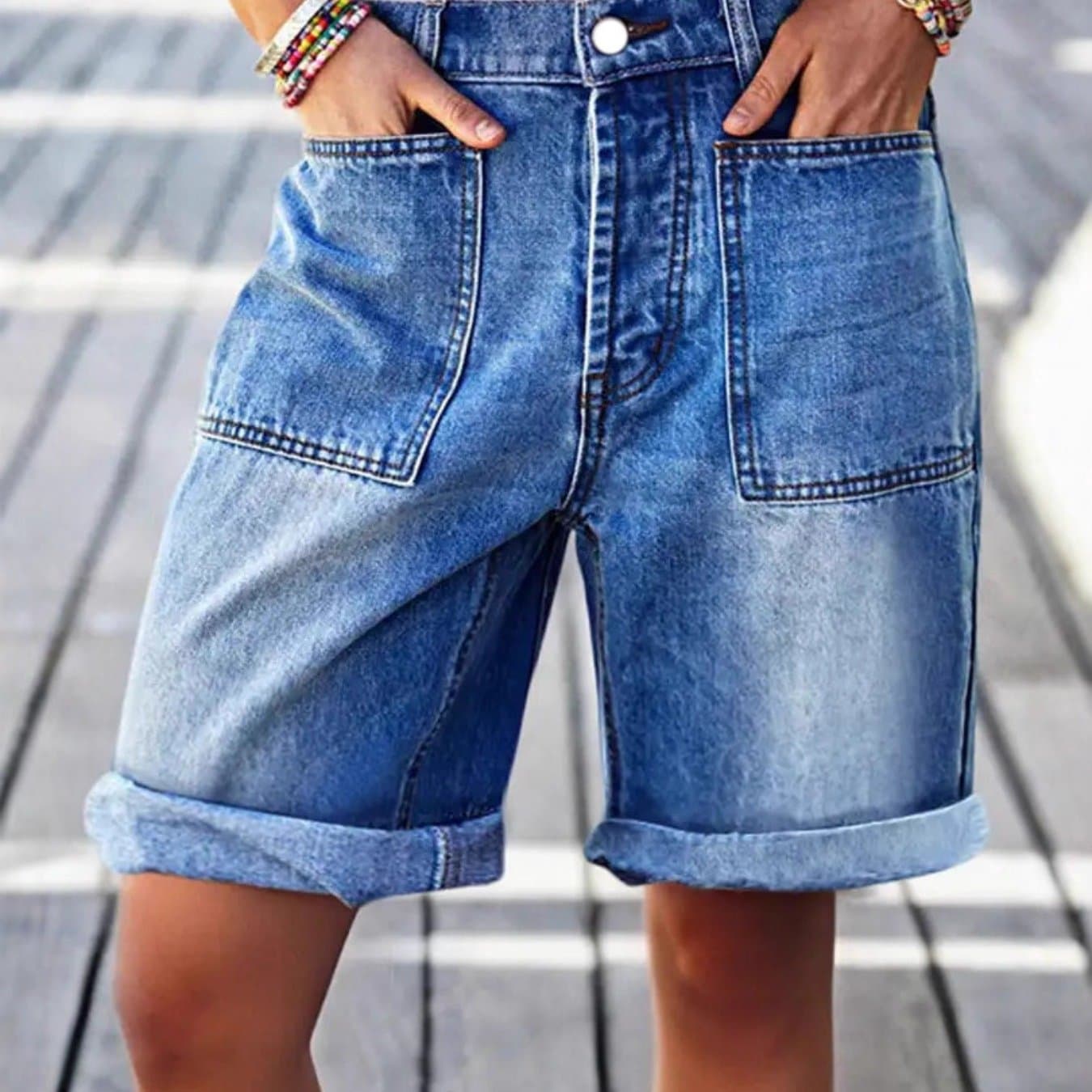 TEMU Women's Stretch Casual Denim Shorts - High-waisted, Washed Wide-leg , Rolled With Loose Fit, Stretch Fabric For Lifting The And Tightening The Abdomen