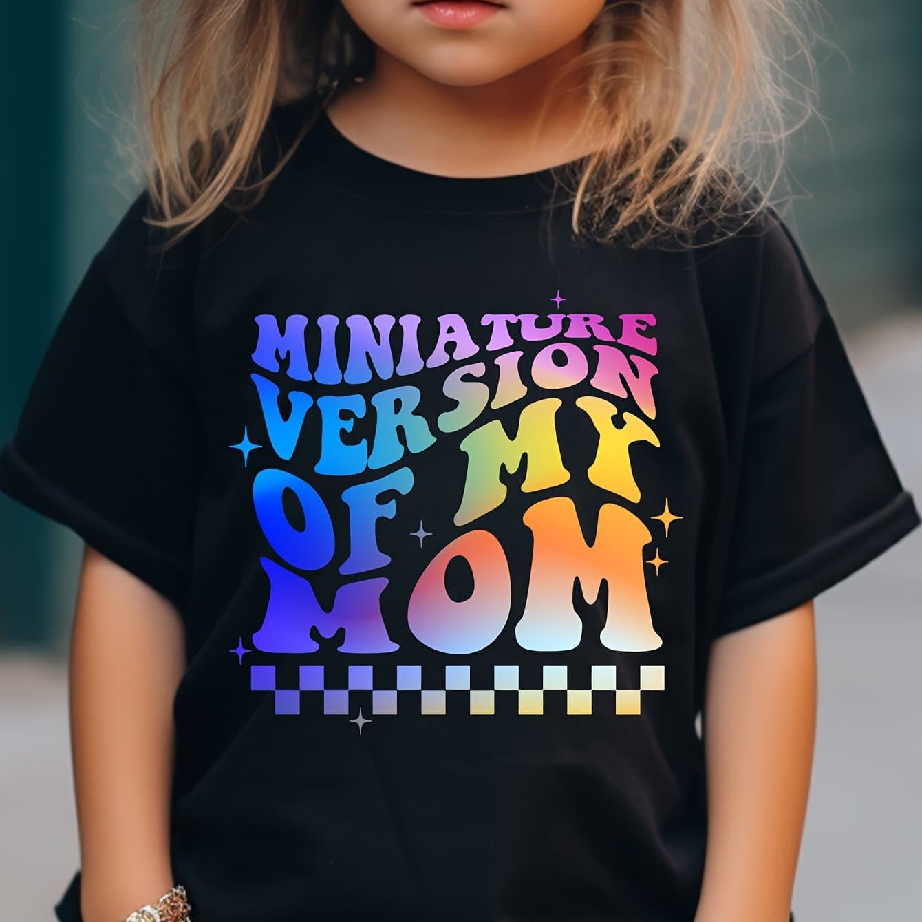 TEMU Girls' "miniature Version Of " Colorful Letter Print Cotton T-shirt - Comfy & Stylish Round Neck, Short Sleeve Tee With Vibrant Design, Machine Washable For Summer