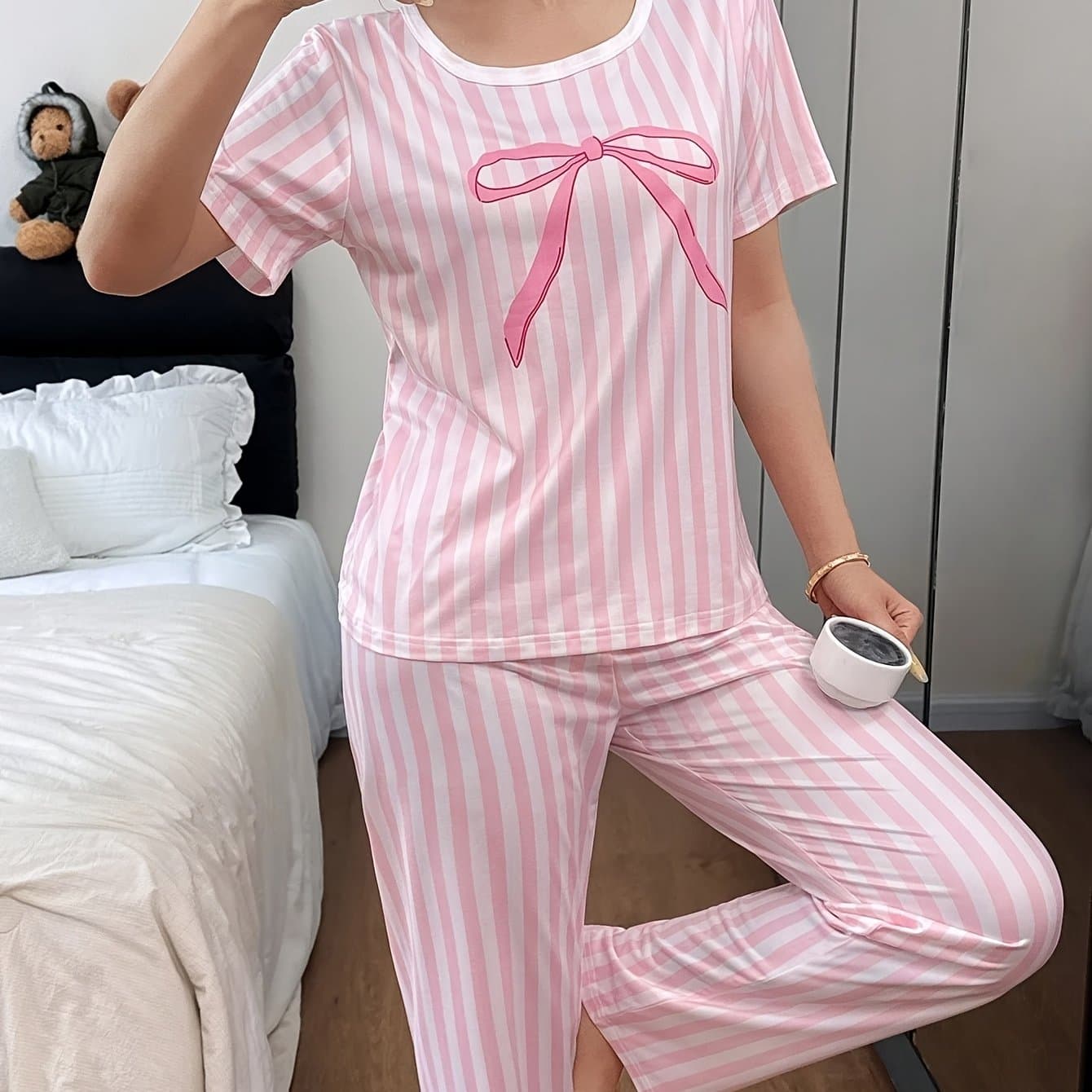 TEMU Women's Casual Pinstripe Short Sleeve Long Pants Pajama Set